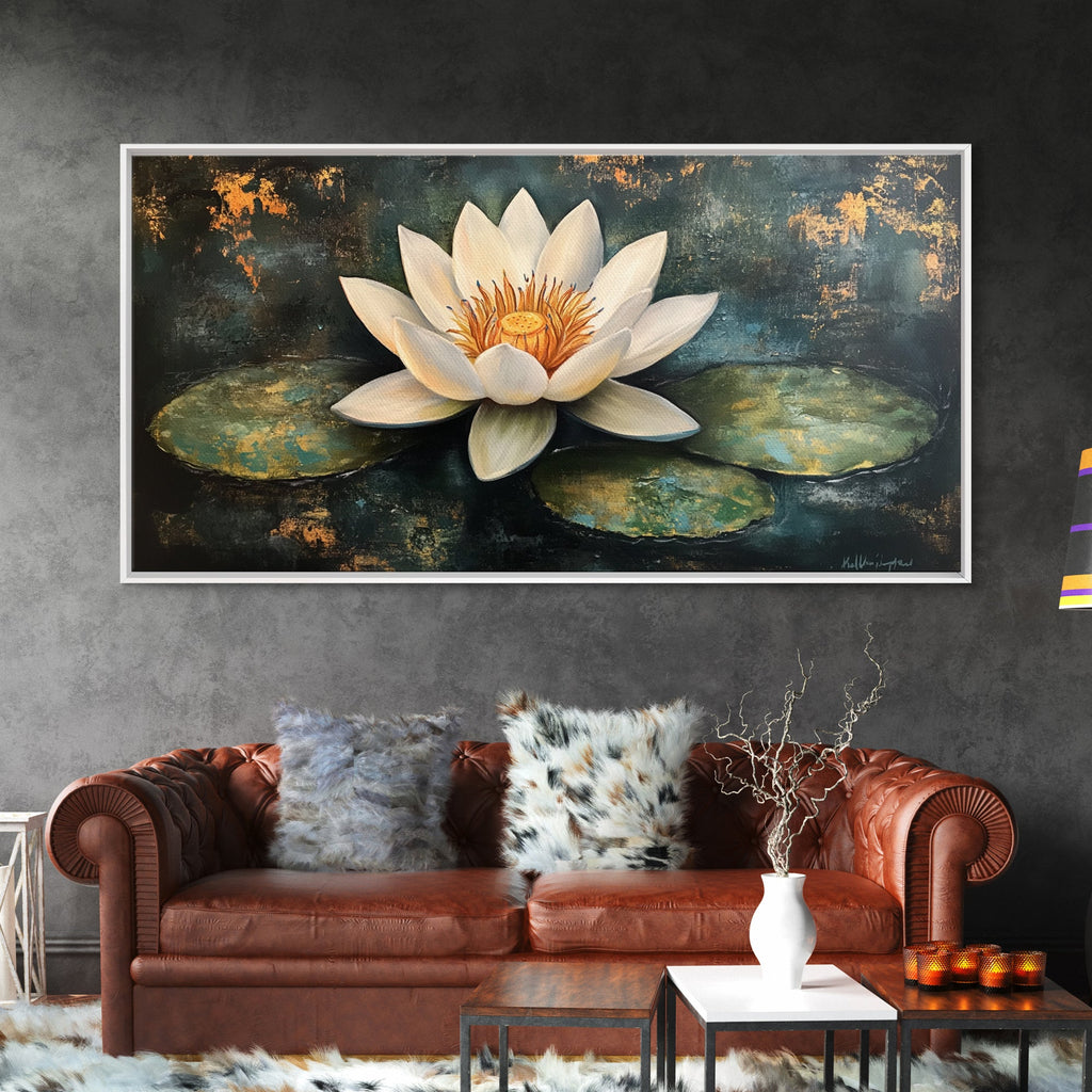 White Lotus, Framed Canvas Print, botanical prints, zen wall art, meditative decor, extra wide painting, spiritual art | | Wiccan Center