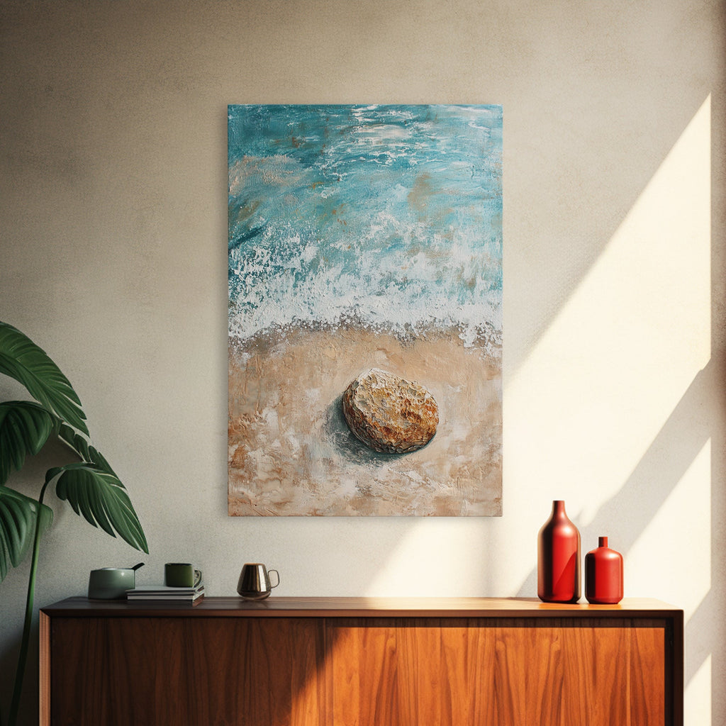 Serene Beach Stone Canvas Print Tranquil Ocean Art, Coastal Zen Wall Decor, Relaxing Beach House Style, Minimalist Seascape Painting | | Wiccan Center