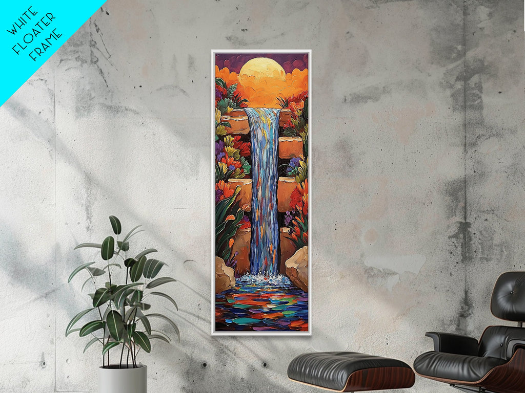 Sunset Waterfall, Flowers Fantasy, Framed Canvas Print, Vibrant landscape art, living room boho decor, magical nature scene | | Wiccan Center