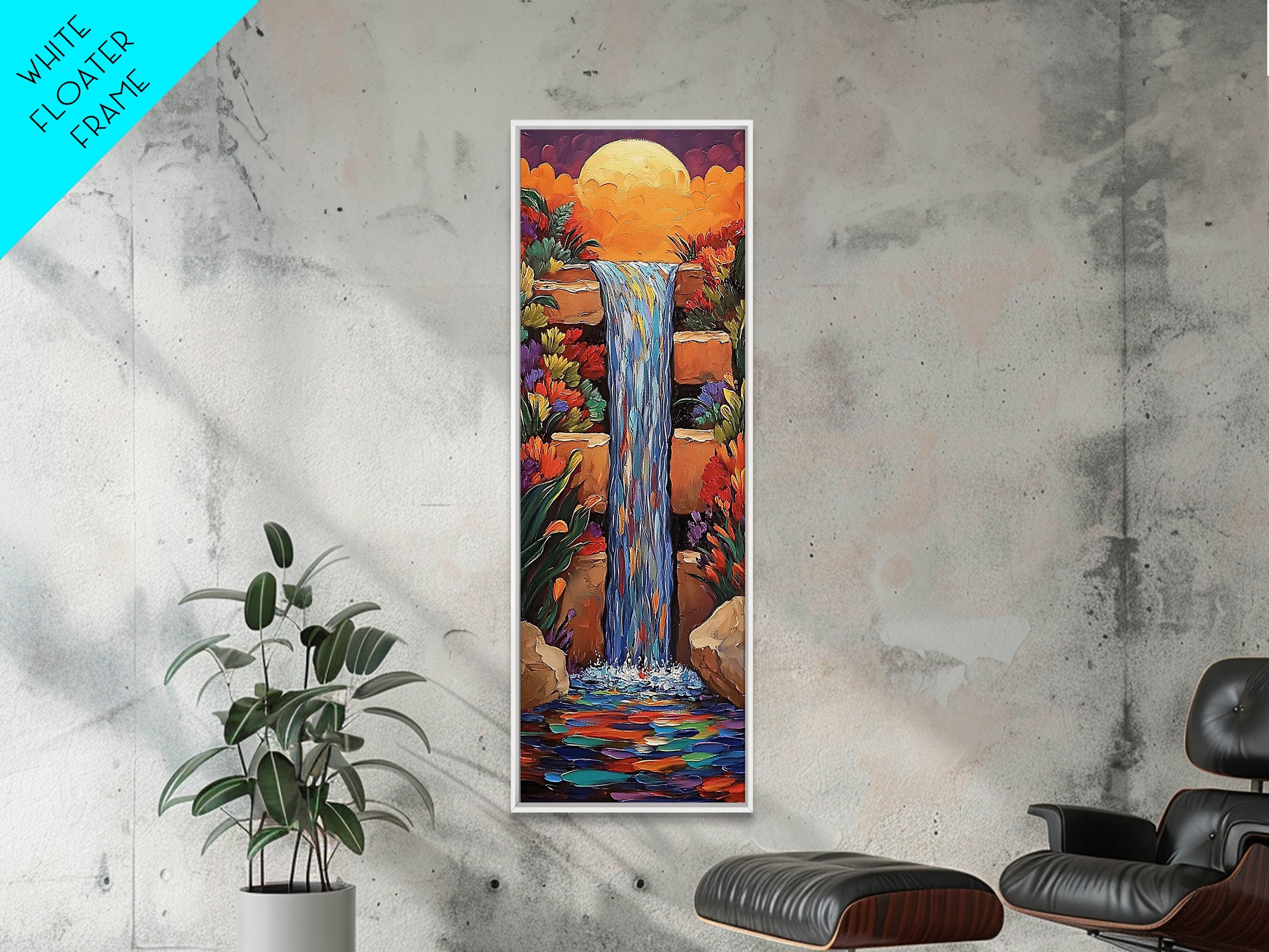 Sunset Waterfall, Flowers Fantasy, Framed Canvas Print, Vibrant landscape art, living room boho decor, magical nature scene | | Wiccan Center