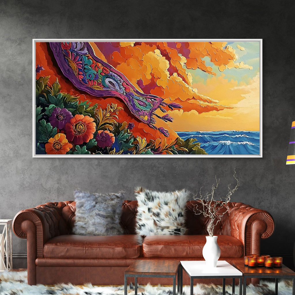 Sunset Coast, Rug, Framed Canvas Print, Sunset Beach Art, Magic Carpet Illustration, Vibrant Coastal Decor, Dreamy Bedroom Art | | Wiccan Center