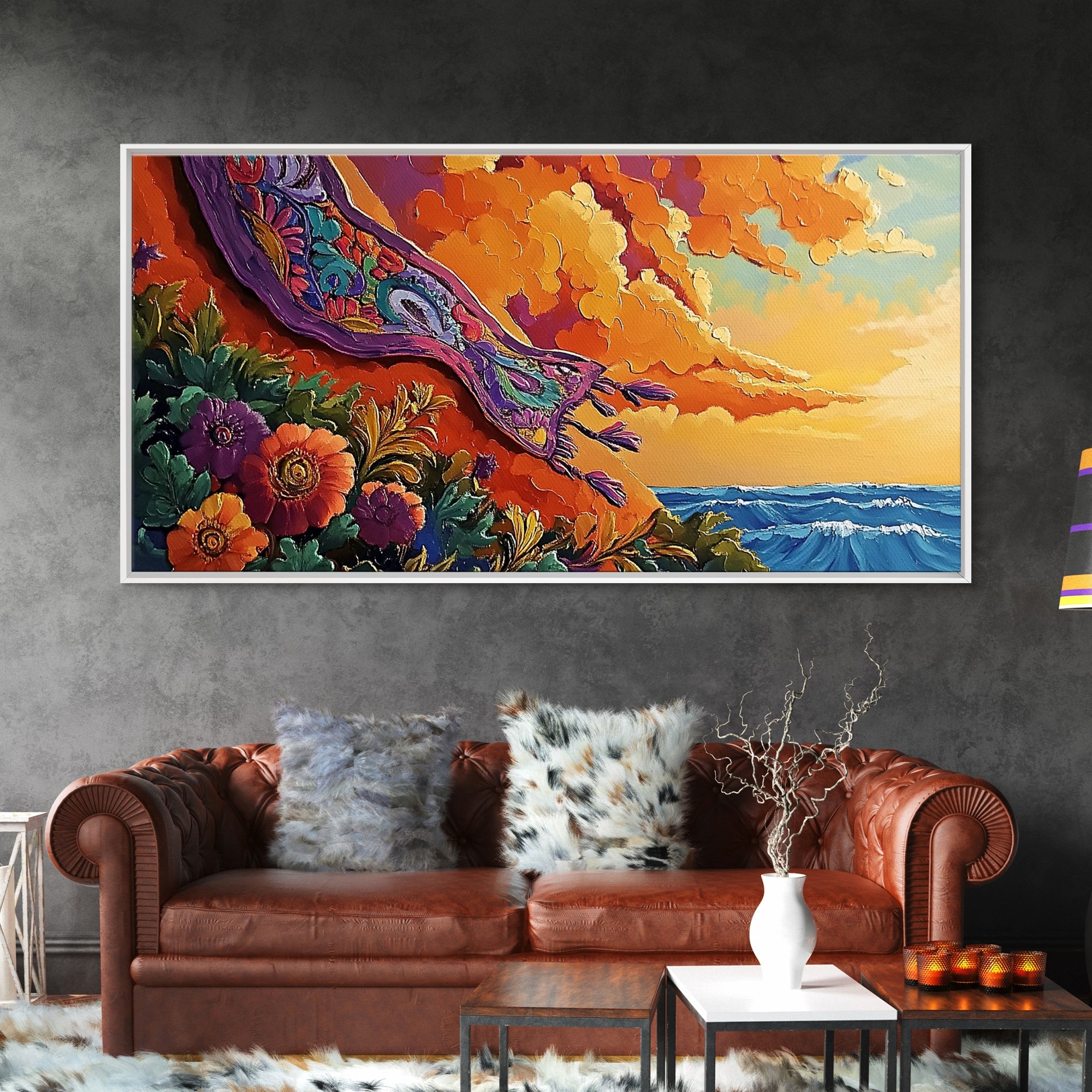 Sunset Coast, Rug, Framed Canvas Print, Sunset Beach Art, Magic Carpet Illustration, Vibrant Coastal Decor, Dreamy Bedroom Art | | Wiccan Center