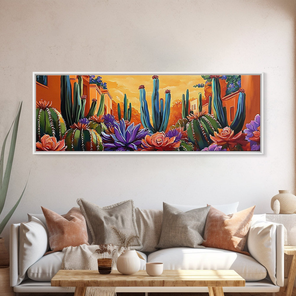 Desert Garden Magic, Colorful Cactus Landscape, Urban Nature Art, Framed Canvas Print, Living Room Southwest Decor, Boho Sunset Wall Art | | Wiccan Center
