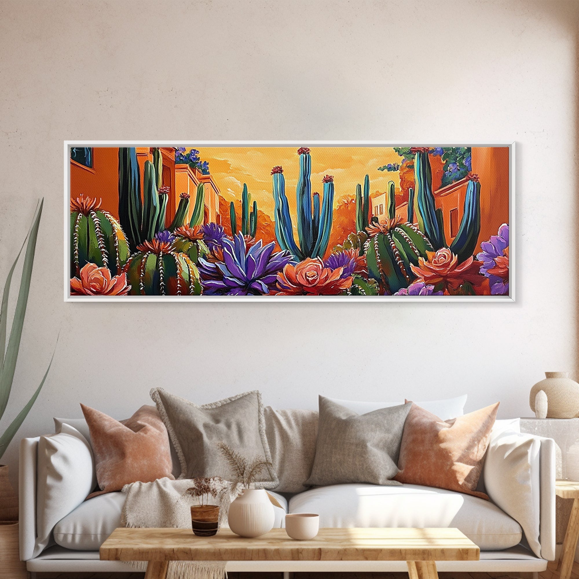 Desert Garden Magic, Colorful Cactus Landscape, Urban Nature Art, Framed Canvas Print, Living Room Southwest Decor, Boho Sunset Wall Art | | Wiccan Center