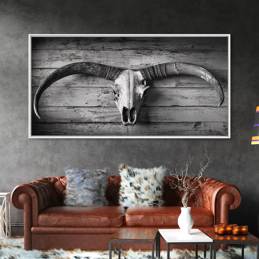 Bull Skull, Rustic Horns, Western Cabin Decor, Weathered Wood, Framed Canvas Print, Farmhouse Wall Art, Cowboy Office Decor, Rustic Wall Art | | Wiccan Center