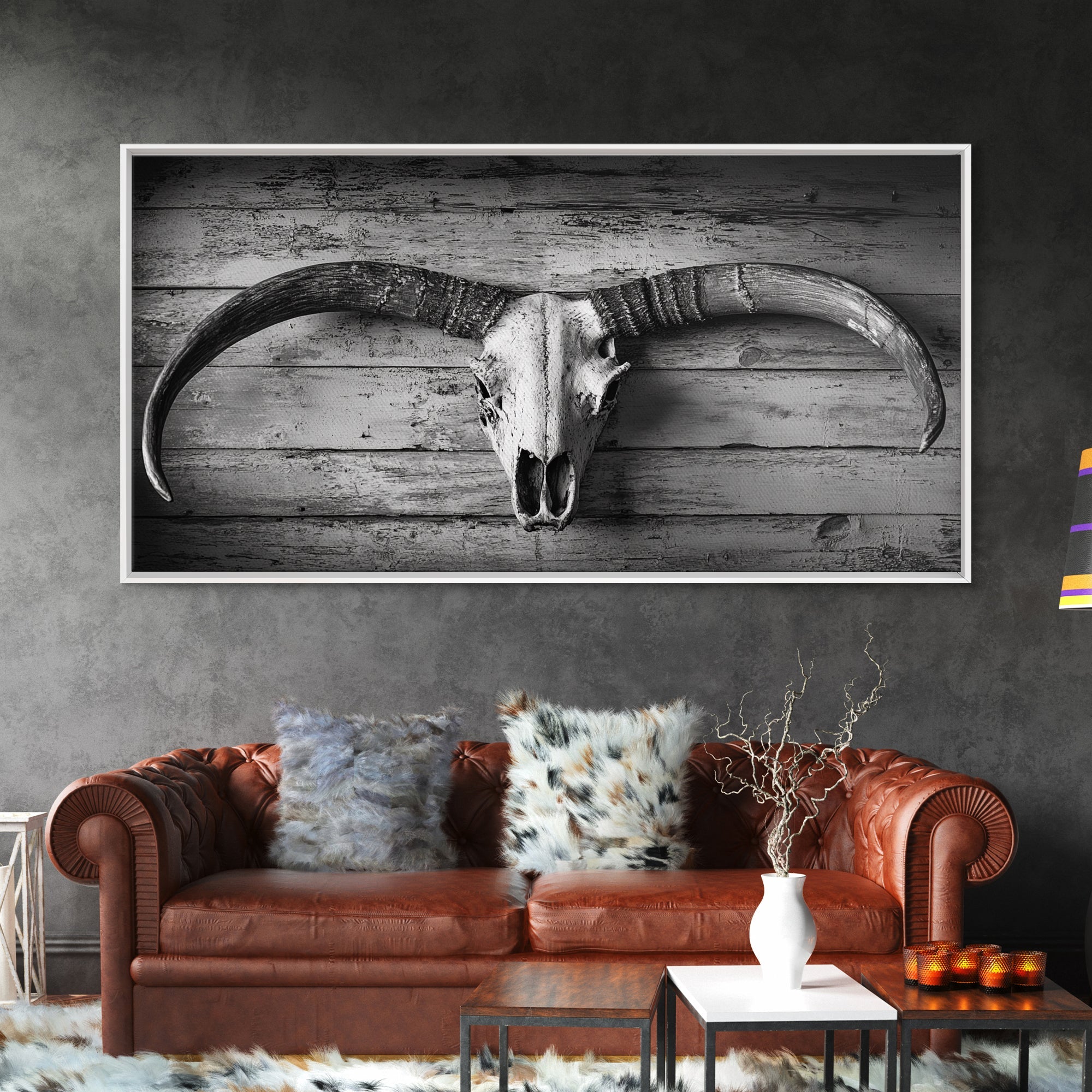 Bull Skull, Rustic Horns, Western Cabin Decor, Weathered Wood, Framed Canvas Print, Farmhouse Wall Art, Cowboy Office Decor, Rustic Wall Art | | Wiccan Center