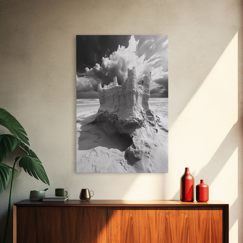 Sand Castle, Beach Fantasy, Dramatic Sky, Coastal Fortress, Framed Canvas Print, whimsical decor, kids room wall art, fairytale beach scene | | Wiccan Center