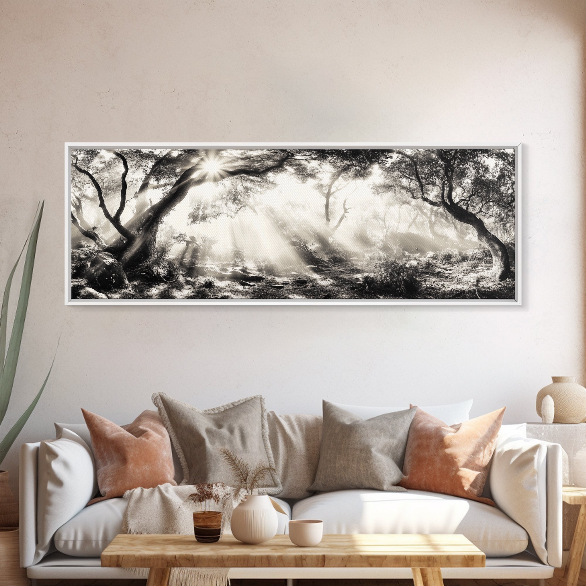 Enchanted Forest, Sunlight Rays, Dreamy Woodland, Framed Canvas Print, boho nature decor, spiritual wall art, bedroom forest scene | | Wiccan Center