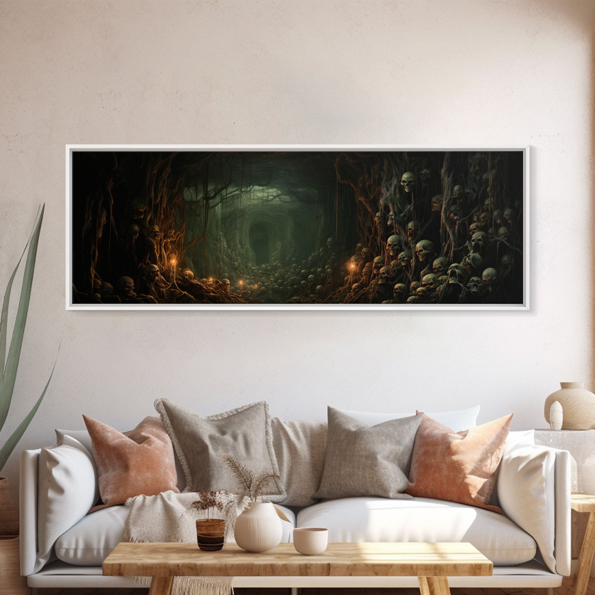 The Skull Crypt Panoramic Canvas Print, Framed Halloween Art, Spooky Decor, Halloween Art, Halloween Wall Art, Halloween Art Print | | Wiccan Center