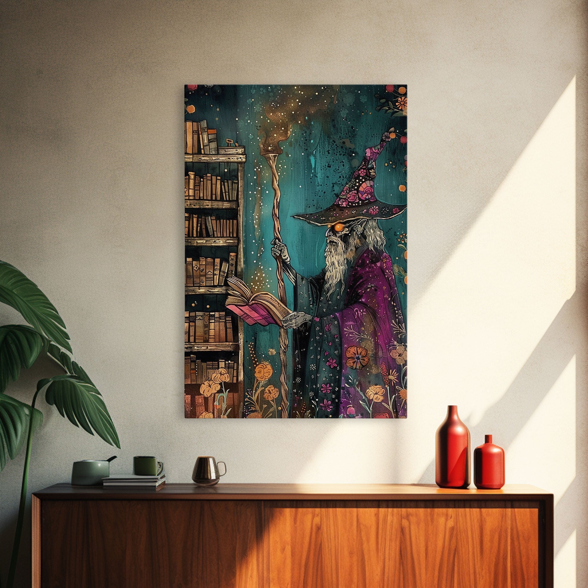 Halloween Eerie Wizard in Haunted Library Framed Canvas Print, Gothic Wall Art, Home Decor, Witchcraft Decor, Gift Idea, Enchanted Study | | Wiccan Center