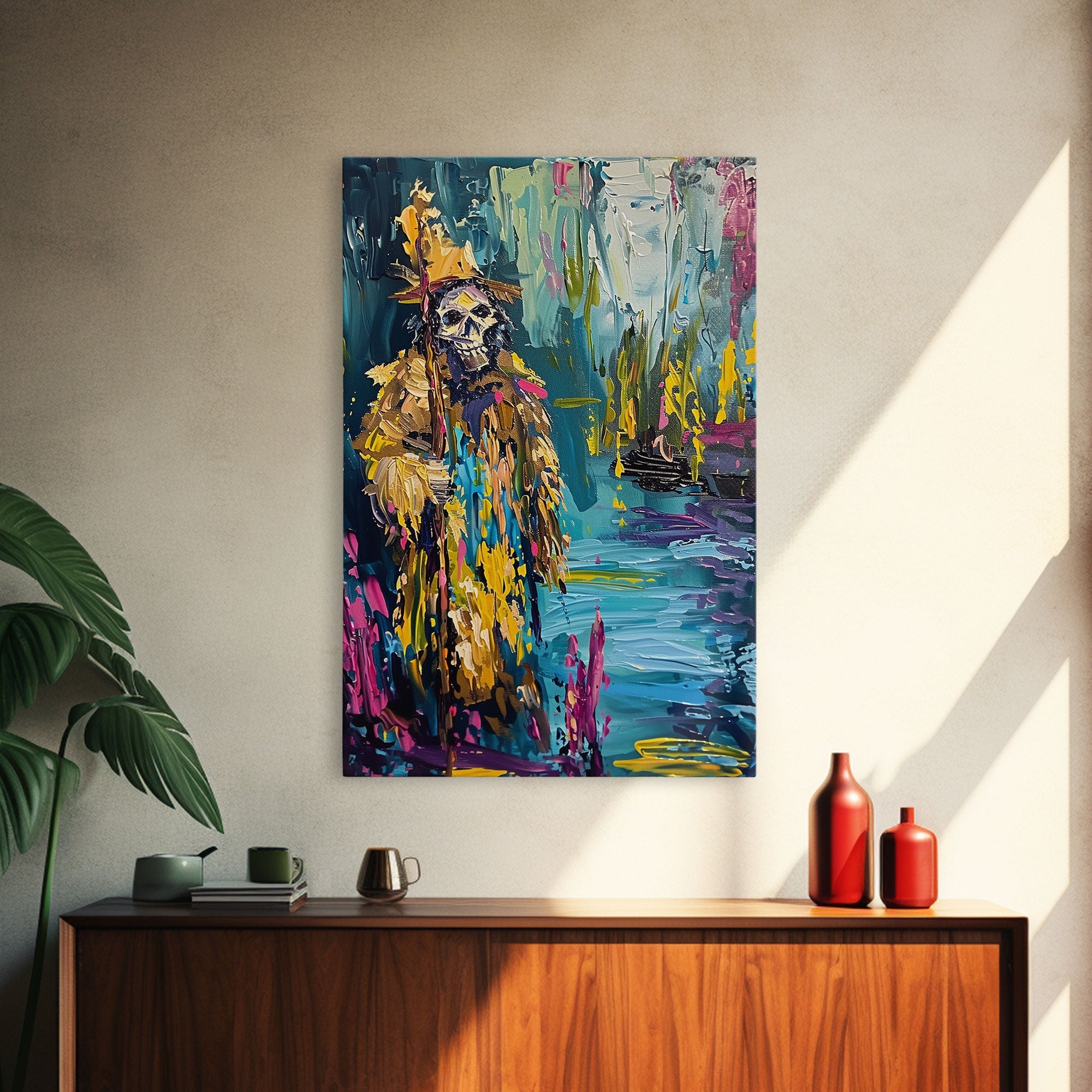 Halloween Skeleton Wizard, Framed Canvas Print, Wall Art, Home Decor, Spooky Artwork, Witchcraft Decor, Fantasy Art, Holiday Decor | | Wiccan Center