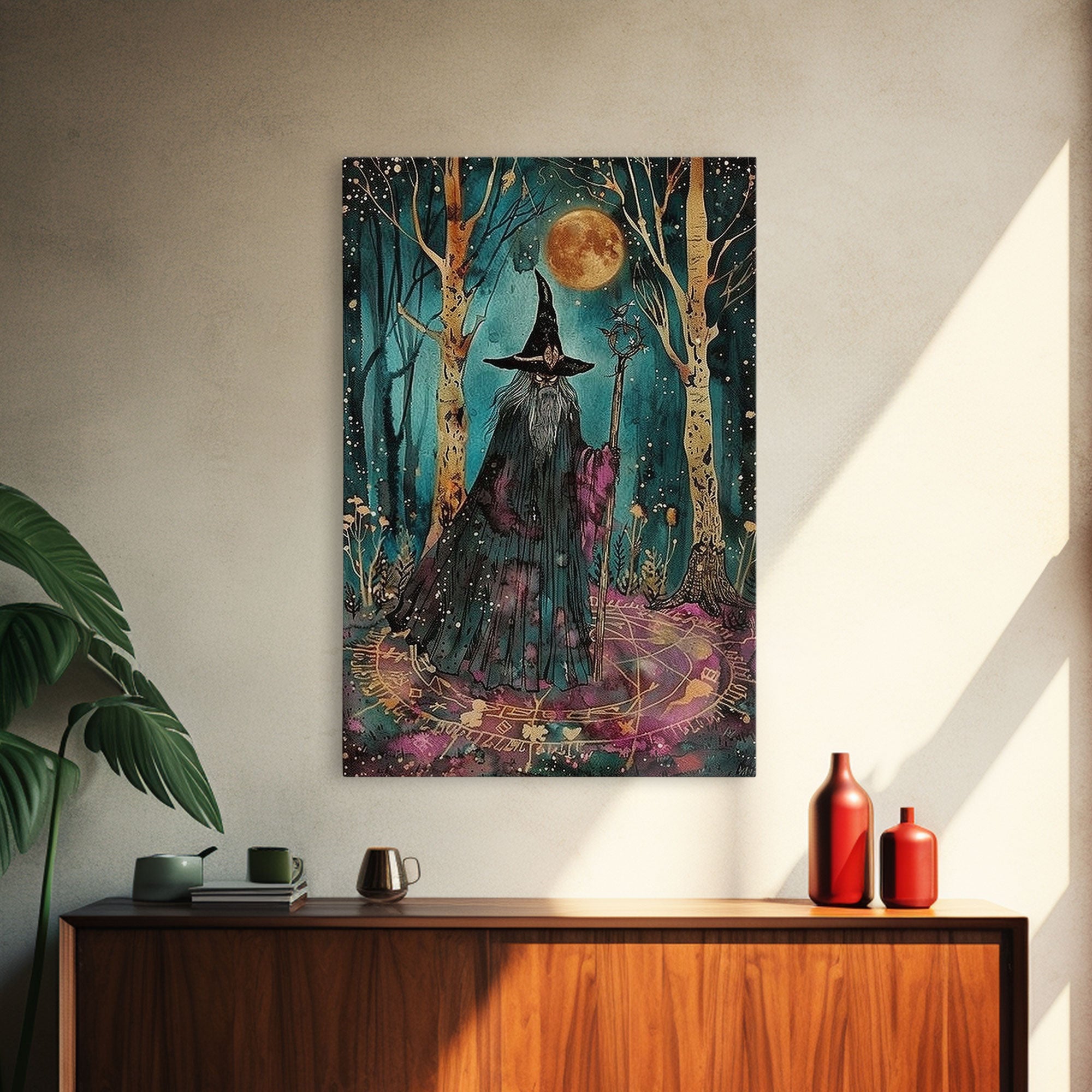 Halloween Wizard in Forest, Framed Canvas Print, Wall Art, Home Decor, Spooky Artwork, Magic Decor, Halloween Decor Painting, Holiday Decor | | Wiccan Center