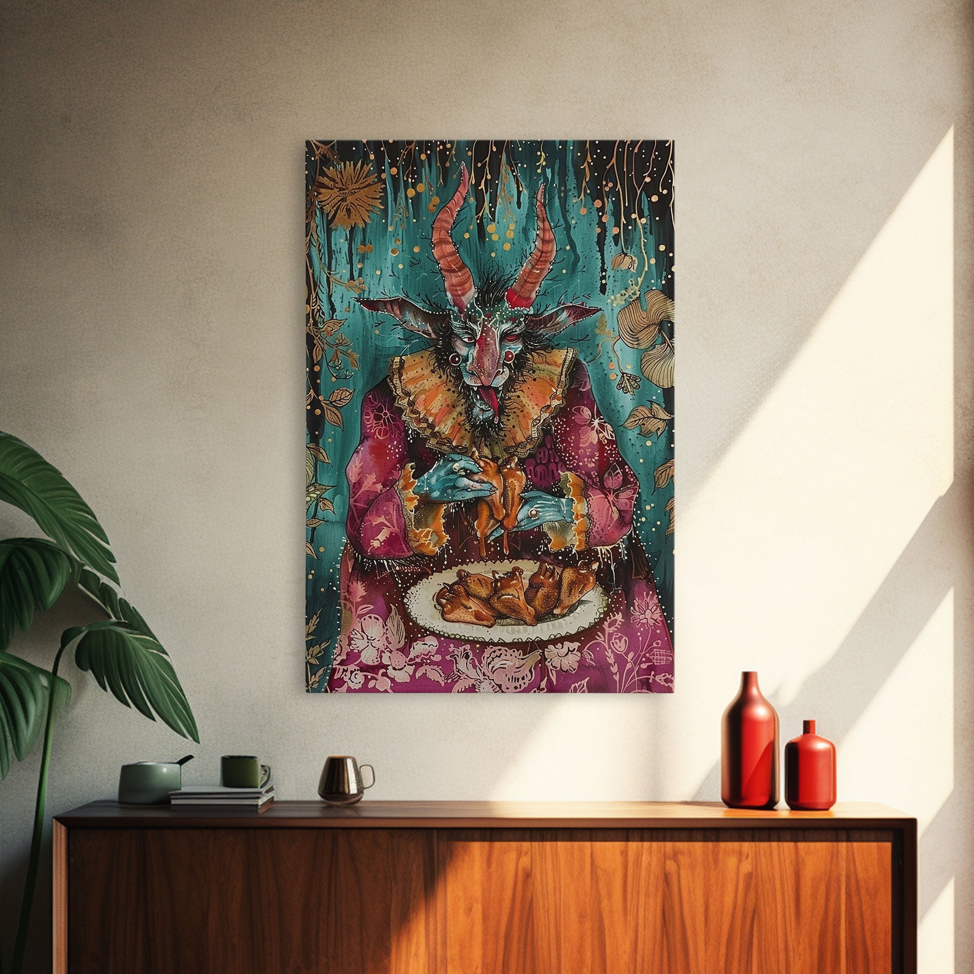 A demon eating some hot wings - hope he didn't sell his soul for them they look pretty good! Halloween Wall Art Framed Canvas | | Wiccan Center