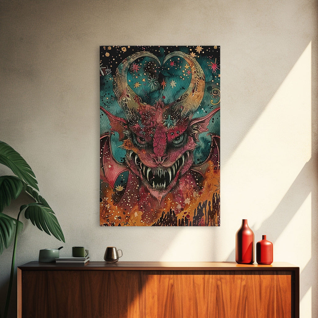 Fantastical Demon with Stars Framed Canvas Print | Halloween Monster Art | Spooky Starry Art | Scary Demon Art for Home Decoration | | Wiccan Center