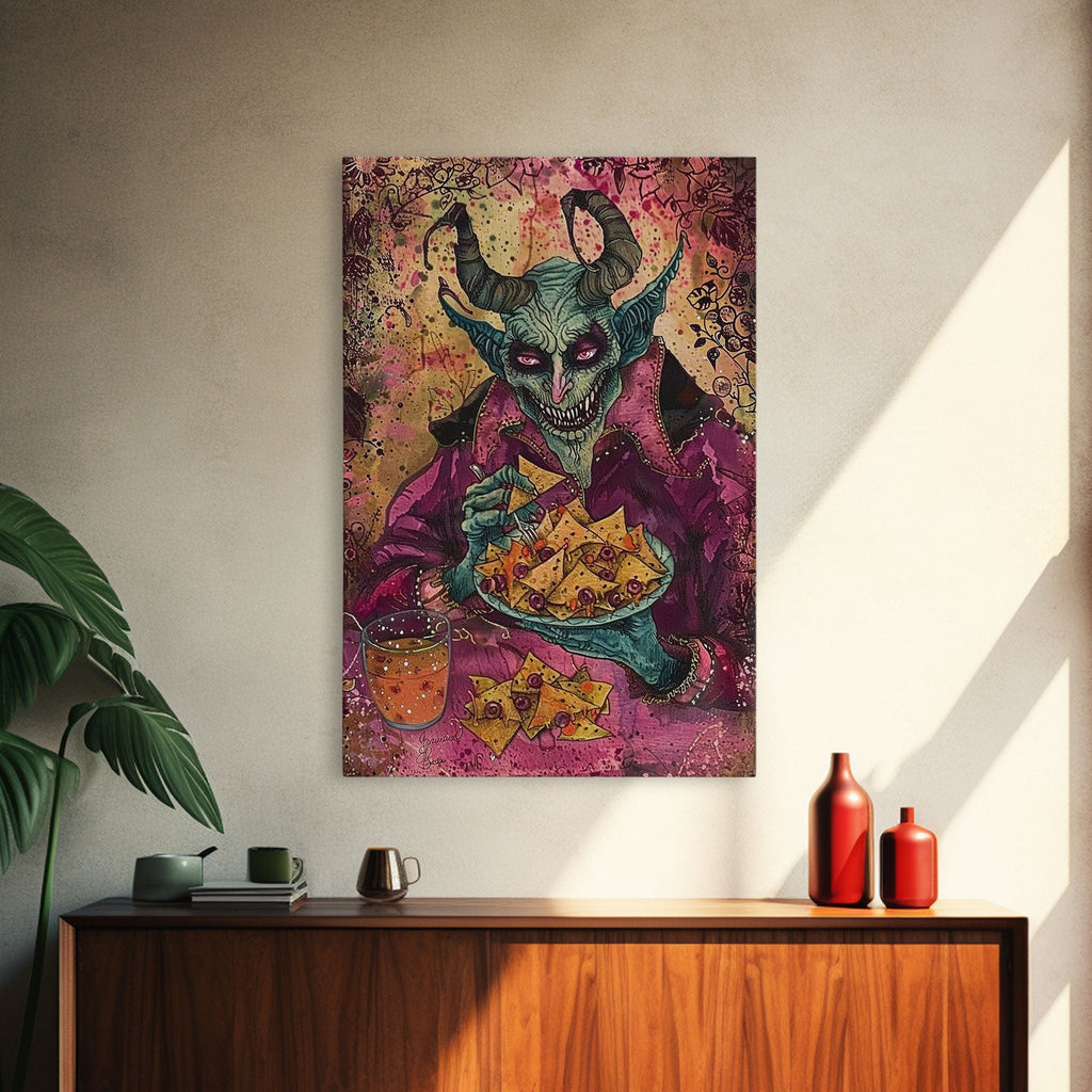 Spooky Demon Eating Chips Framed Canvas Print, Halloween Art, Unique Wall Art, Creepy Home Decor, Scary Art, Spooky Living Room Decor | | Wiccan Center