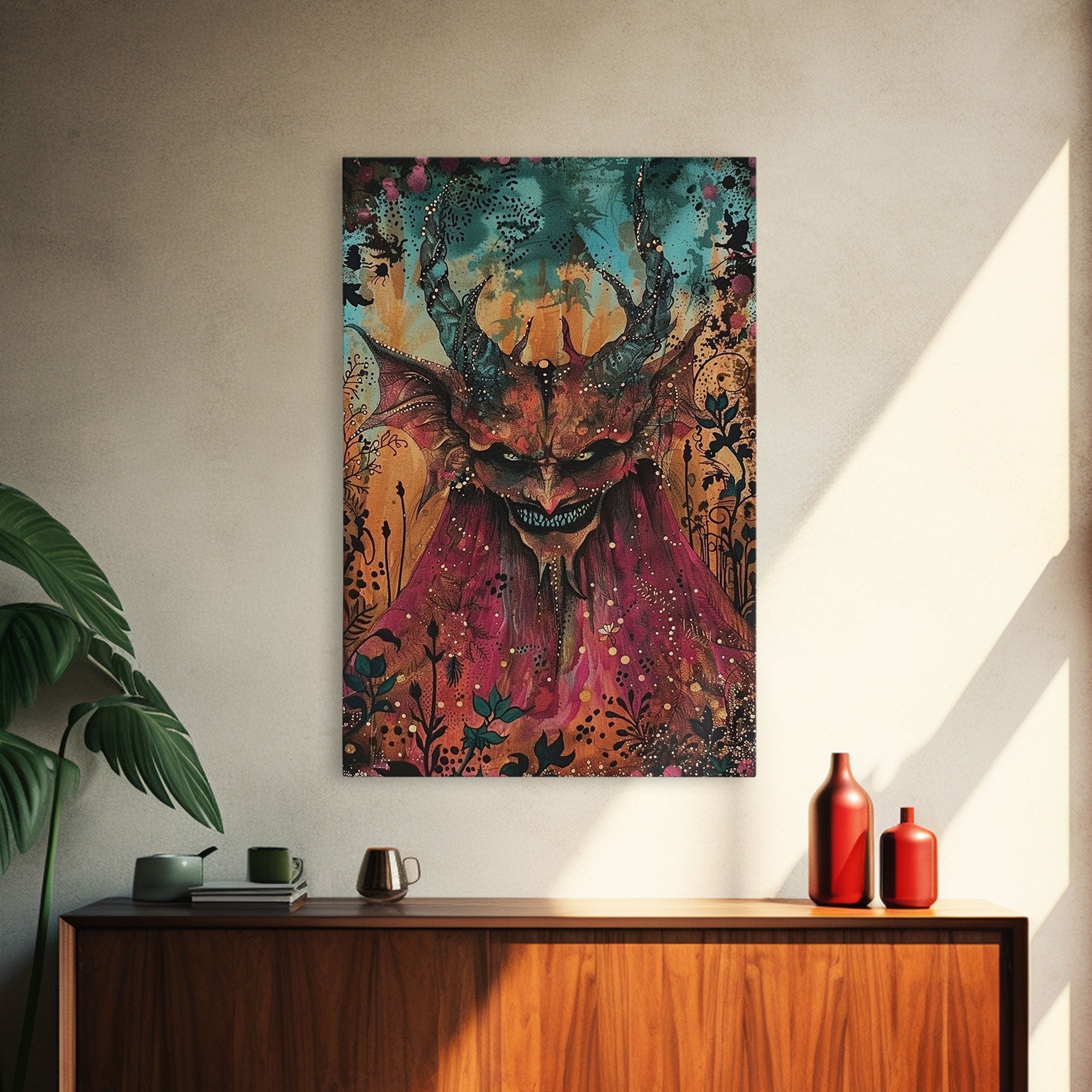 Dark Demon with Menacing Smile Framed Canvas Print, Halloween Art, Creepy Wall Art, Spooky Home Decor, Scary Art, Creepy Living Room Decor | | Wiccan Center