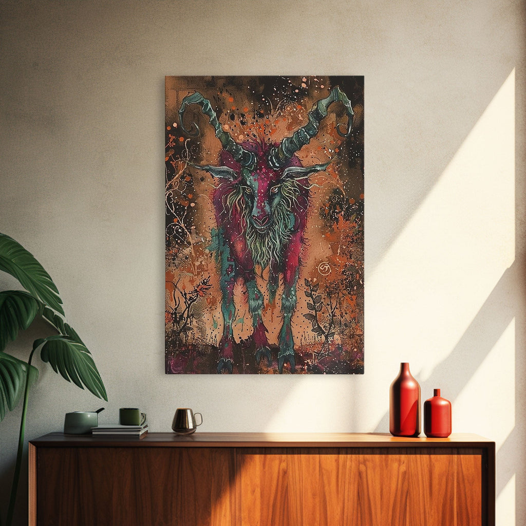 Mysterious Goat Demon Framed Canvas Print, Halloween Art, Unique Wall Art, Spooky Home Decor, Scary Art, Eerie Living Room Decor | | Wiccan Center