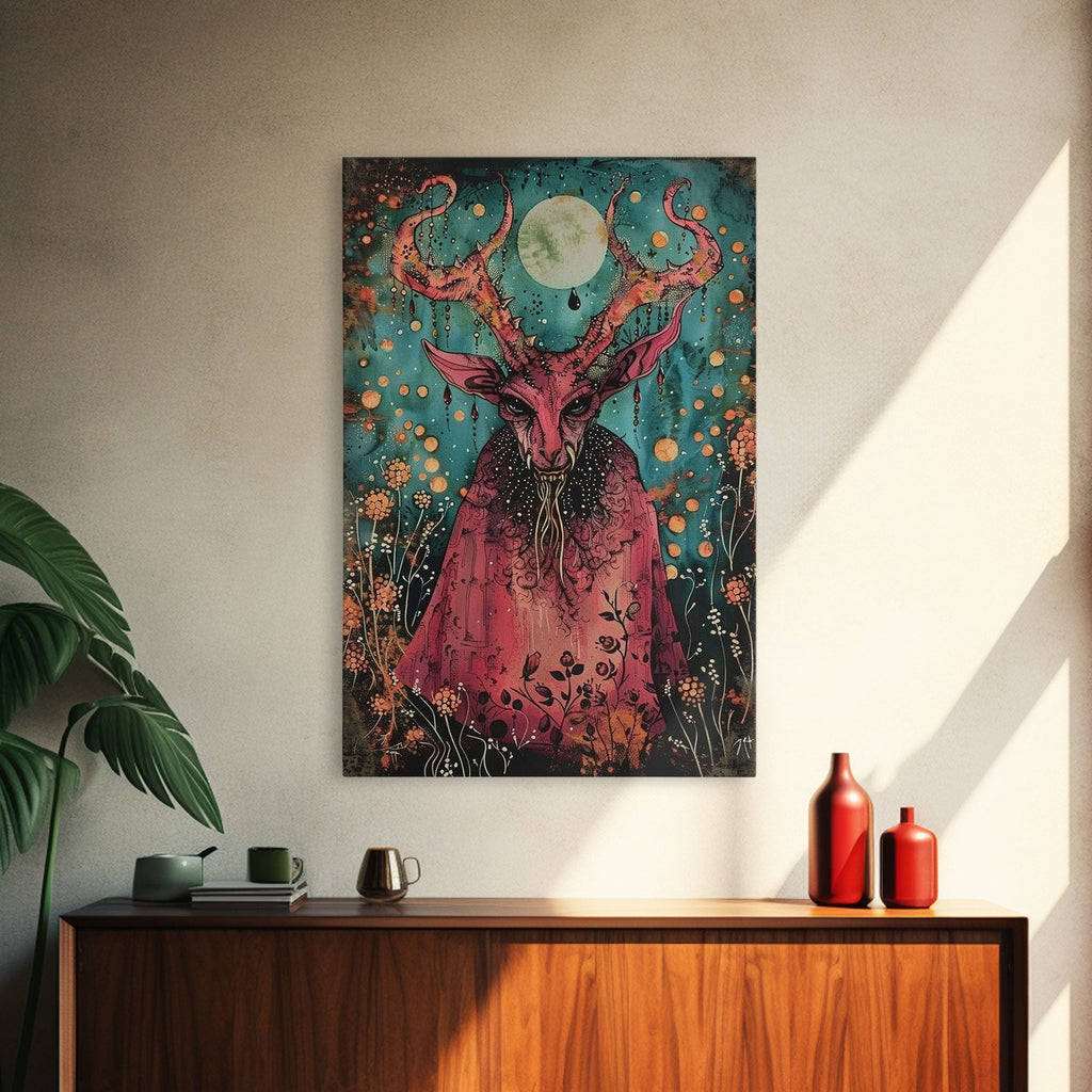 Enchanted Demon Under Full Moon Framed Canvas Print, Halloween Art, Creepy Wall Art, Spooky Home Decor, Art, Haunting Living Room Decor | | Wiccan Center