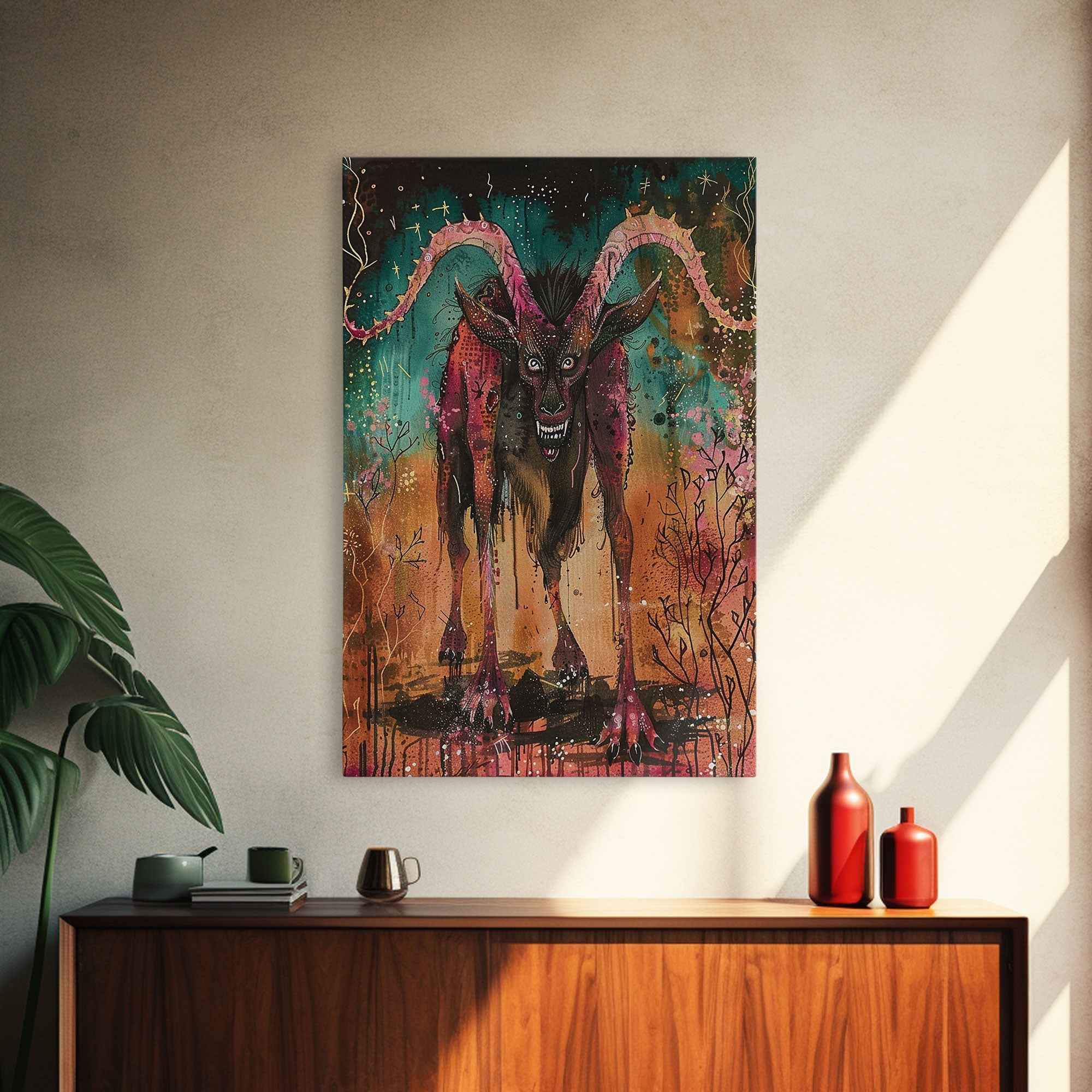 Spooky Goat Demon in the Woods Framed Canvas Print, Halloween Art, Creepy Wall Art Spooky Home Decor, Scary Art Mysterious Living Room Decor | | Wiccan Center