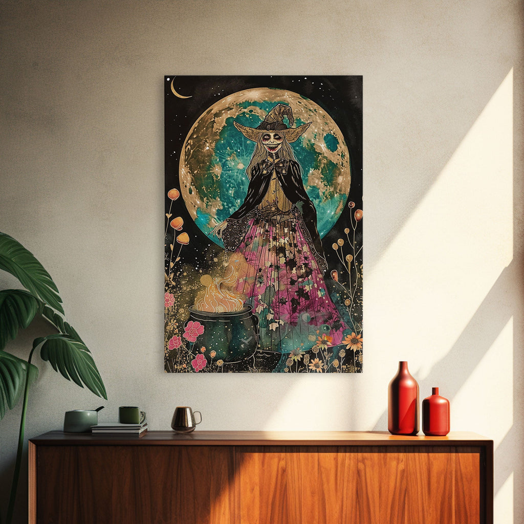 Spooky Witch with Cauldron Under Full Moon Framed Canvas Print | Halloween Witch Art | Witch Decor for Home | Magical Halloween Artwork | | Wiccan Center