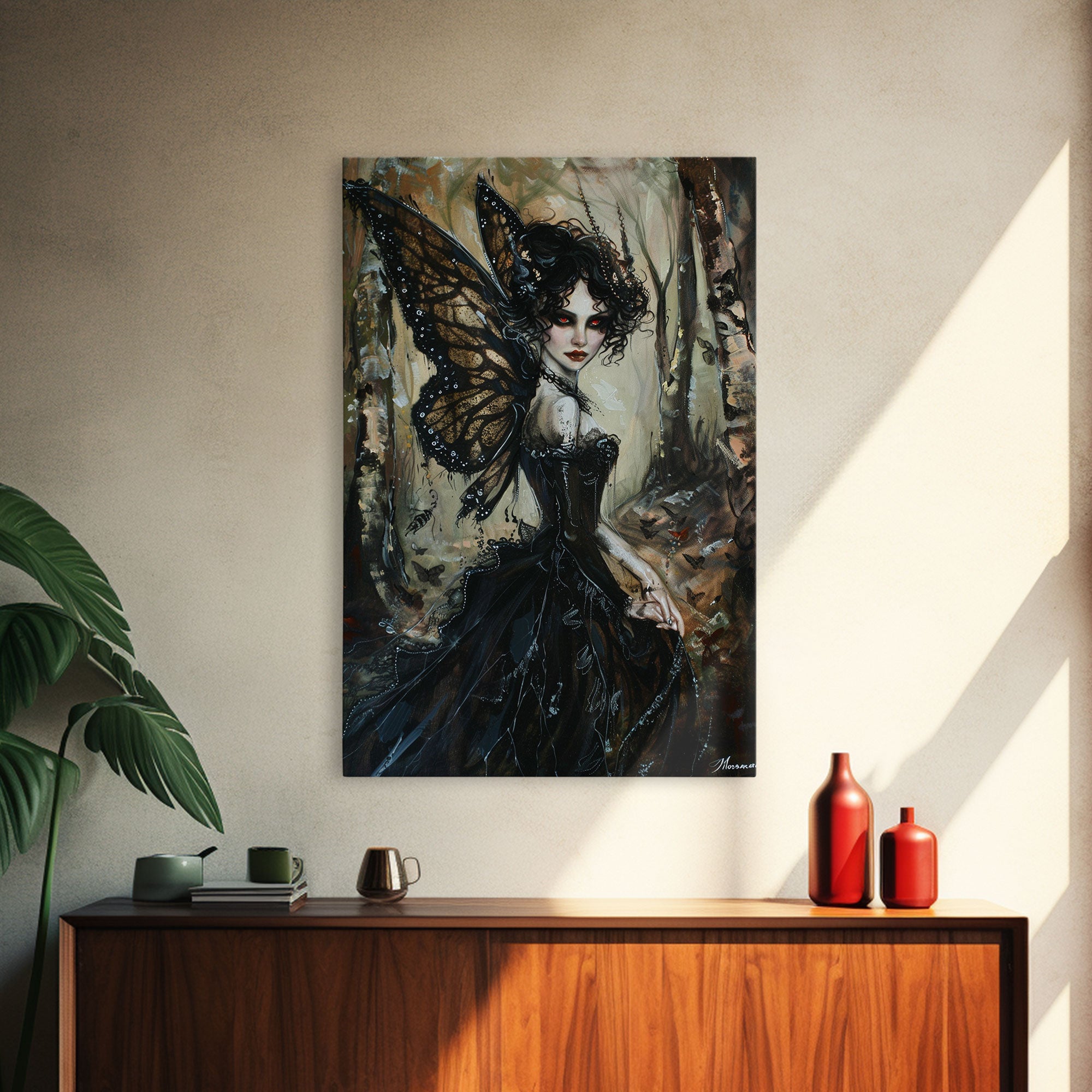 Dark Gothic Fairy with Butterfly Wings| Halloween Wall Art | Spooky Home Decor | Creepy Gothic Fairy Painting | Framed Canvas Print | | Wiccan Center