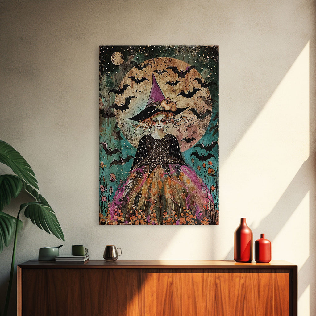 Whimsical Witch with Bats Under Full Moon, Framed Canvas Print, Spooky Halloween Art, Witch Decor, Magical Night, Enchanted Home Decor | | Wiccan Center