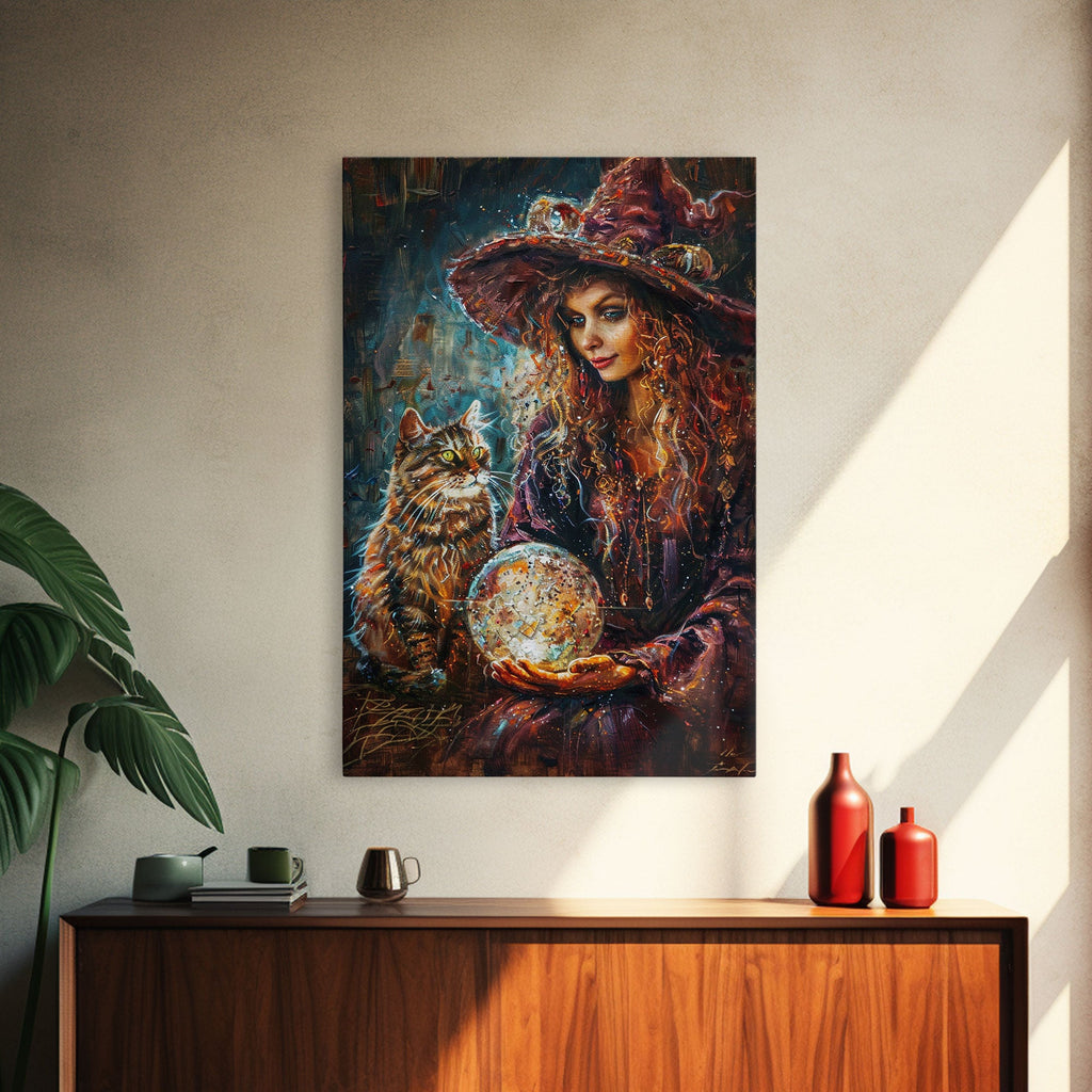 Enchanting Witch with Crystal Ball, Framed Canvas Print, Mystical Halloween Art, Spooky Witch Decor, Witchcraft Illustration, Magical Decor | | Wiccan Center