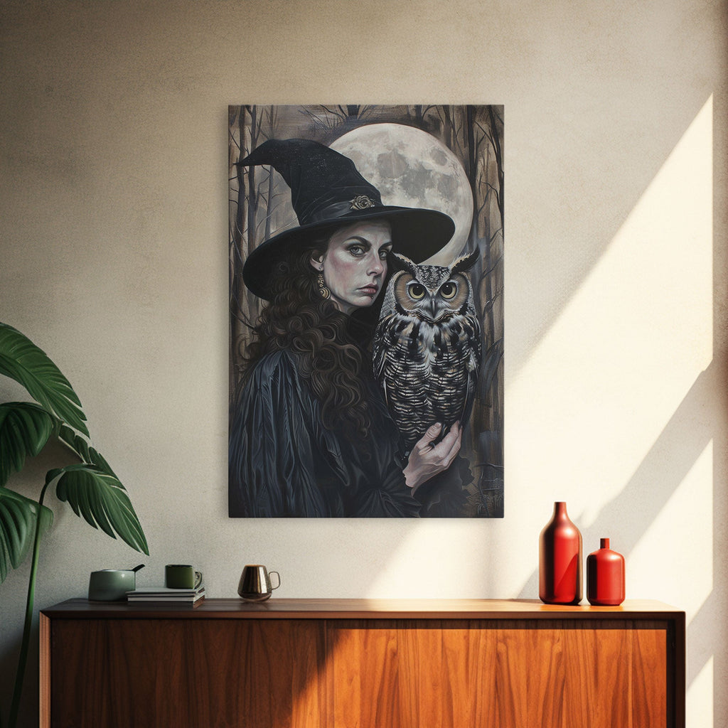 Witch with Wise Owl Under Full Moon, Framed Canvas Print, Mystical Witchcraft Art, Witch and Owl, Spooky Home Decor, Halloween Wall Art | | Wiccan Center