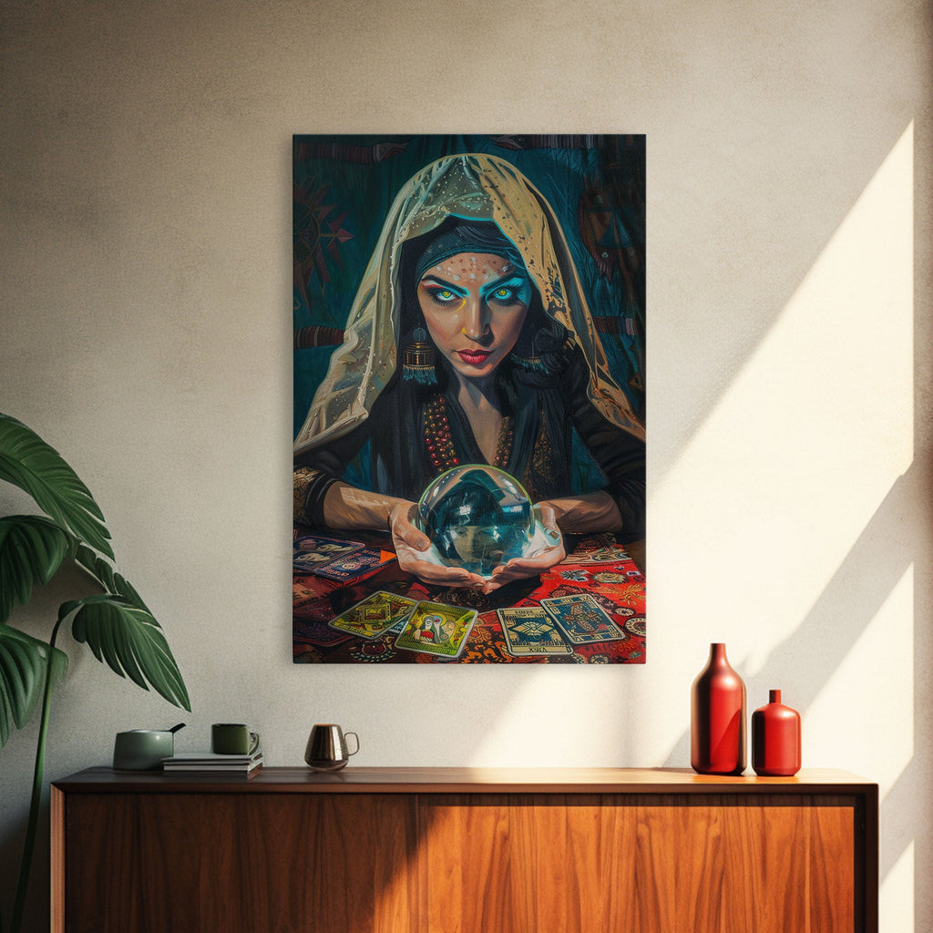 Enchanting Fortune Teller with Crystal Ball Under Moonlight - Mystical Witchcraft Framed Canvas Print, Halloween Gothic Home Decor | | Wiccan Center
