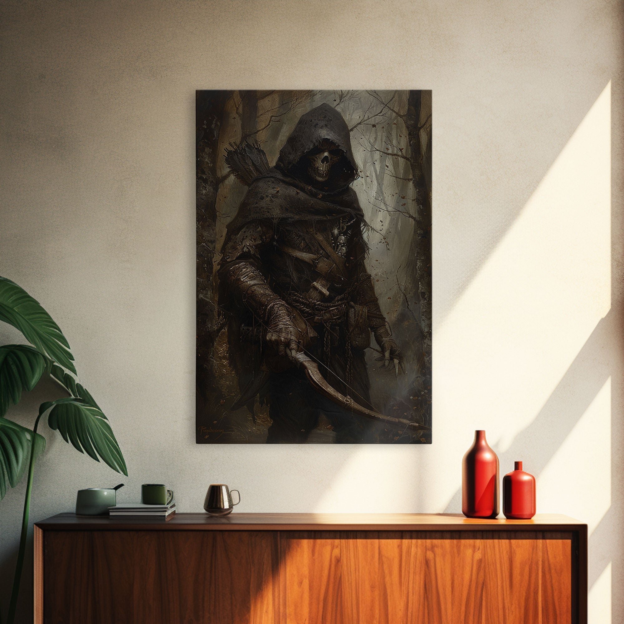 Grim Reaper Archer in Dark Enchanted Forest - Eerie Gothic Wall Art Framed Canvas Print, Unique Spooky Halloween Haunted Homes