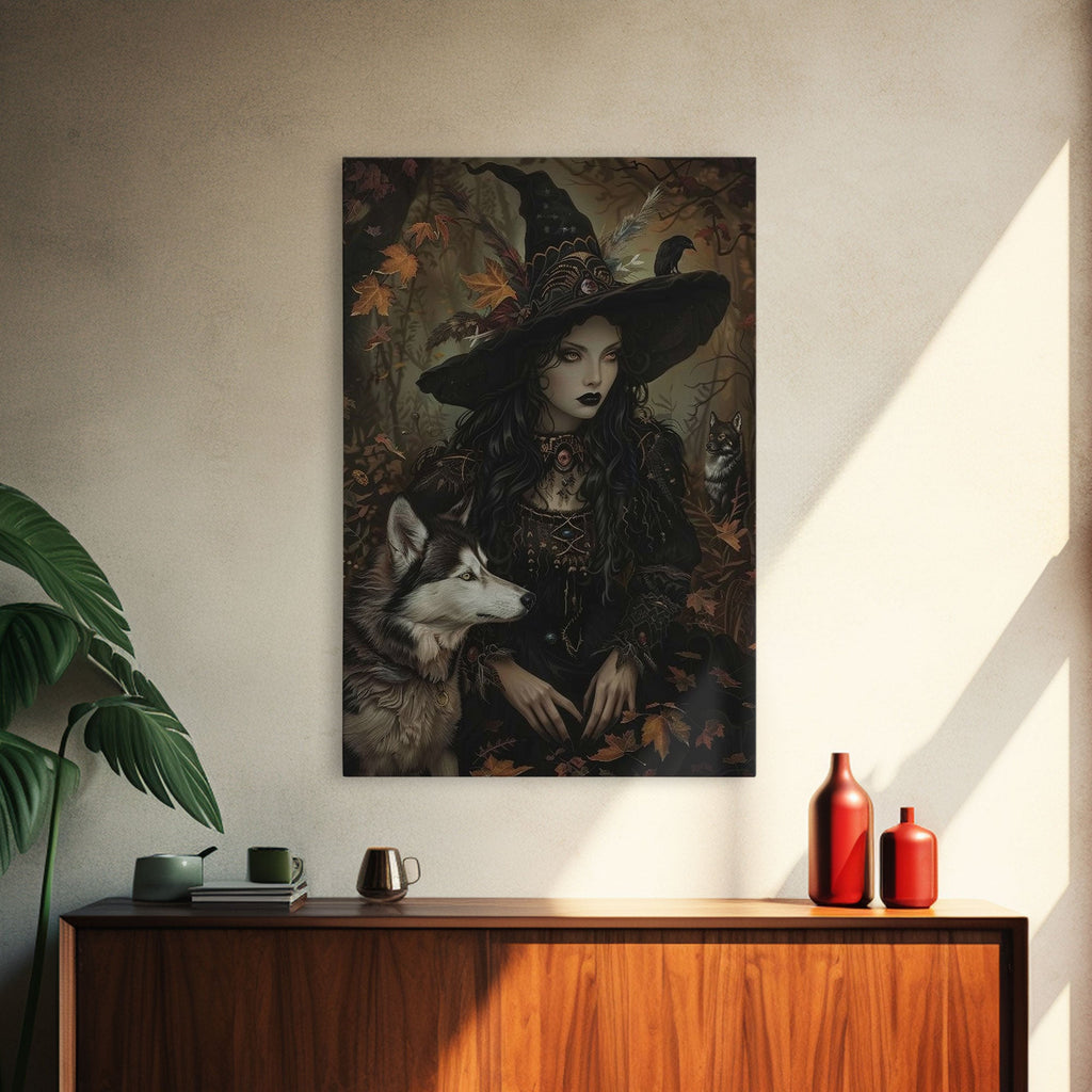 Witch with Wolves in Enchanted Forest - Dark Sorcery Mystical Art Framed Canvas Print, Halloween Gothic Decor | | Wiccan Center