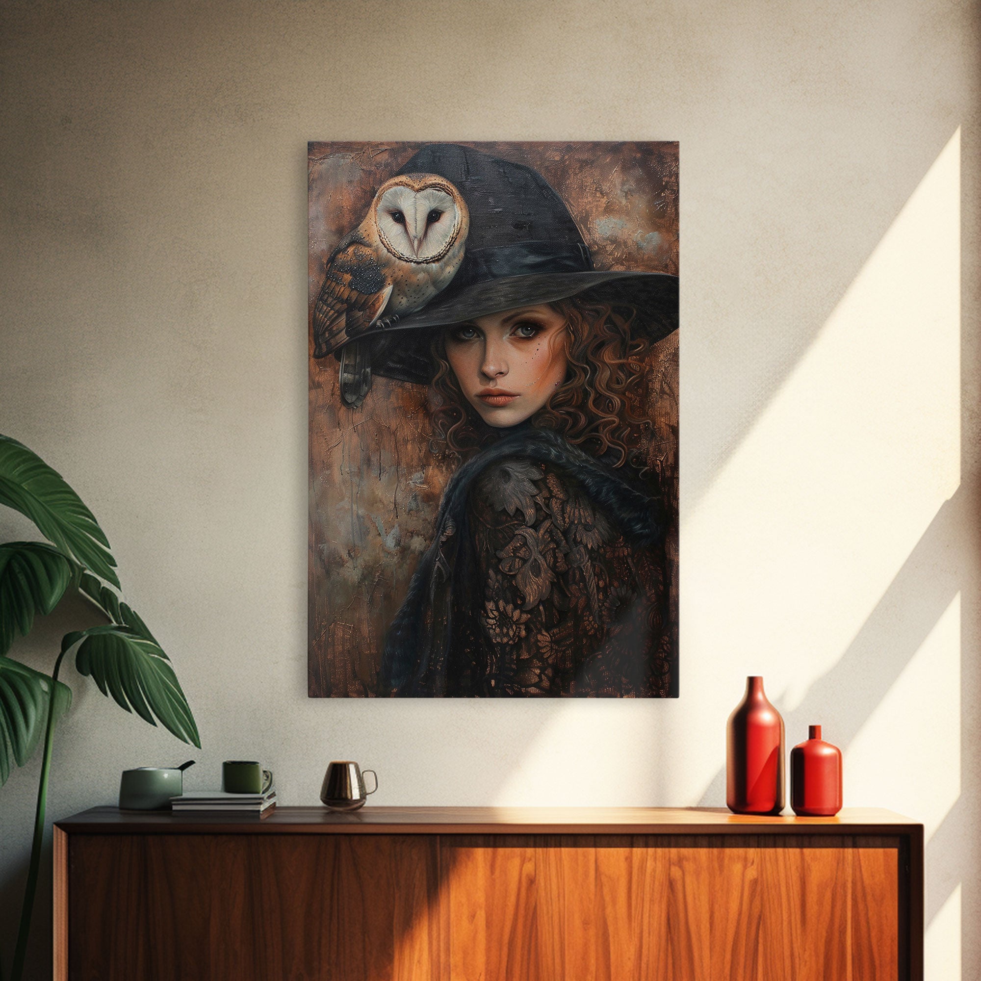 Witch with Crow in Spooky Forest - Halloween Art, Gothic Art, Spooky Decor, Dark Magic Art, Mysterious Portrait, Framed Canvas Print | | Wiccan Center
