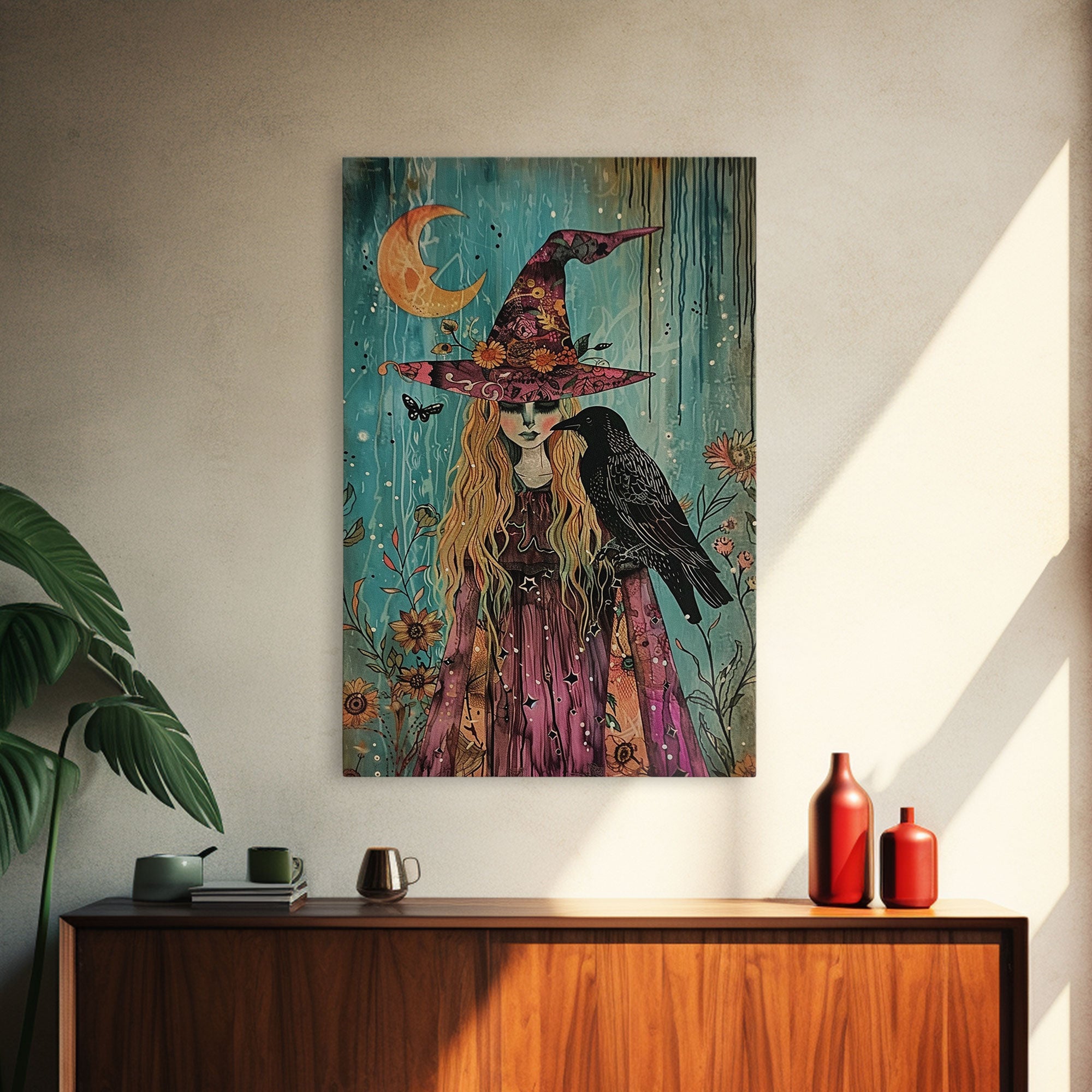 Witch with Owl in Magical Forest - Halloween Art, Gothic Art, Spooky Decor, Dark Magic Art, Enchanted Woods, Framed Canvas Print | | Wiccan Center