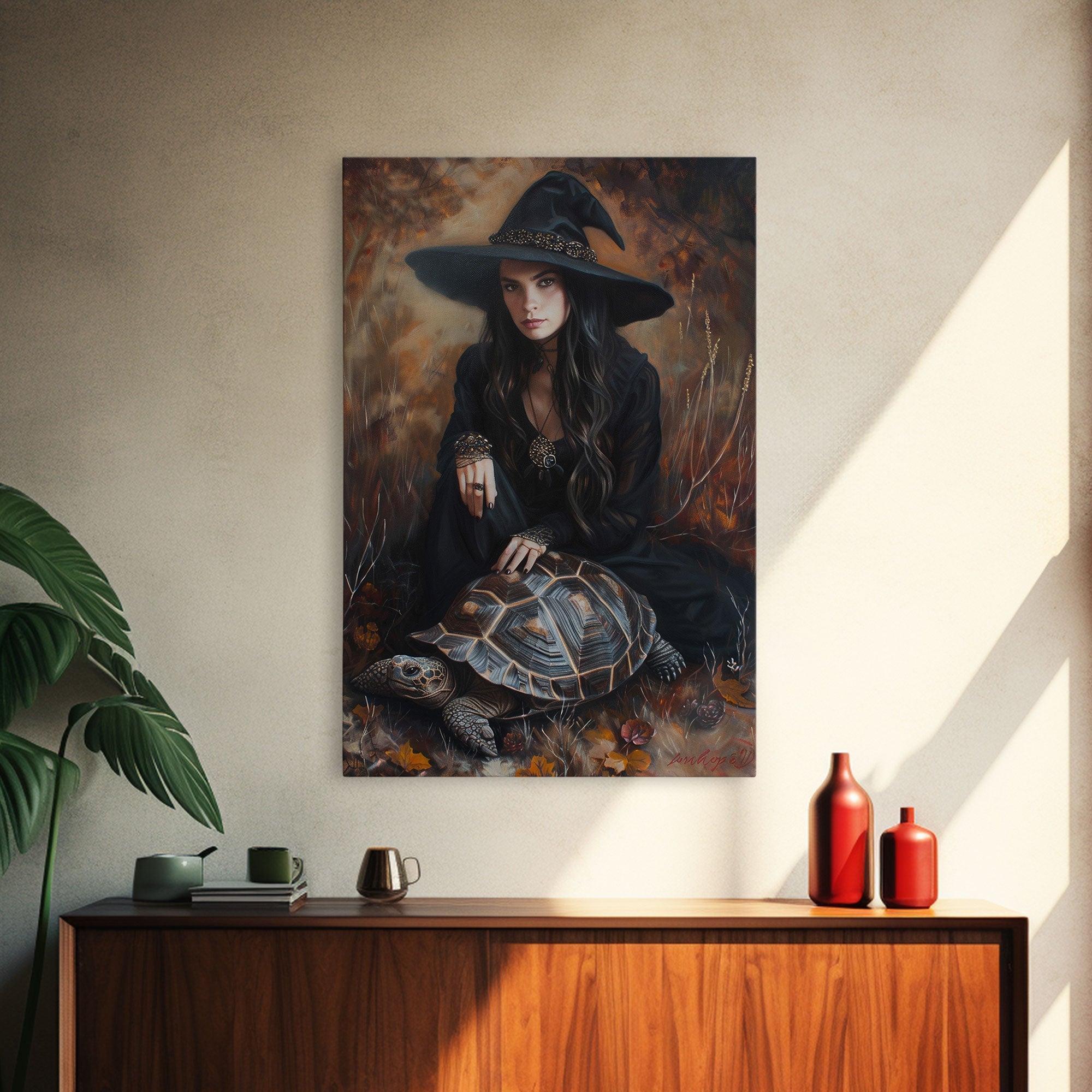 Witch with Mystical Elements - Halloween Art, Gothic Art, Spooky Decor, Dark Magic Art, Bewitching Portrait, Framed Canvas Print | | Wiccan Center
