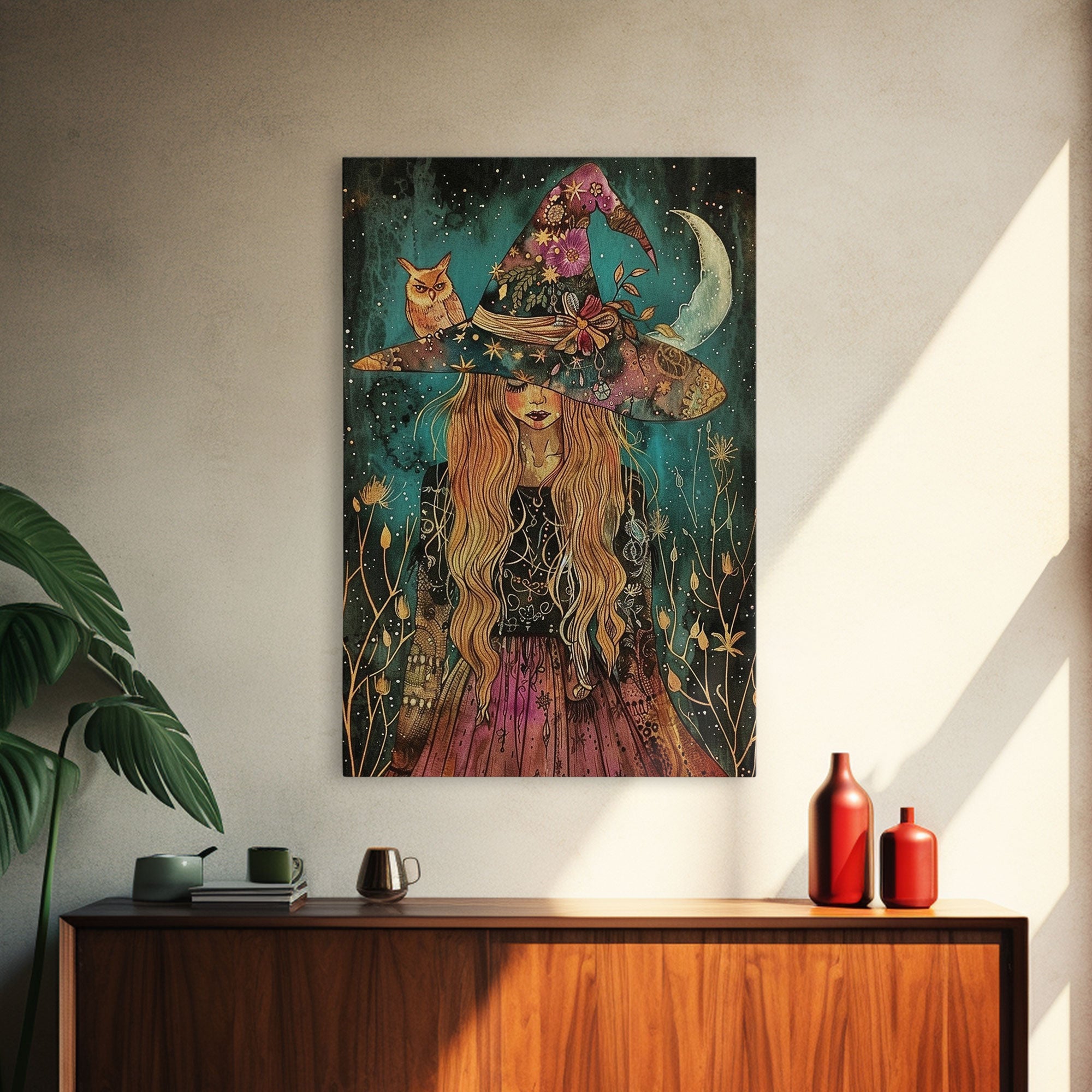 Witch with Black Cat and Moon - Halloween Art, Gothic Art, Spooky Decor, Dark Magic Art, Ominous Portrait, Moonlit Night Framed Canvas Print | | Wiccan Center