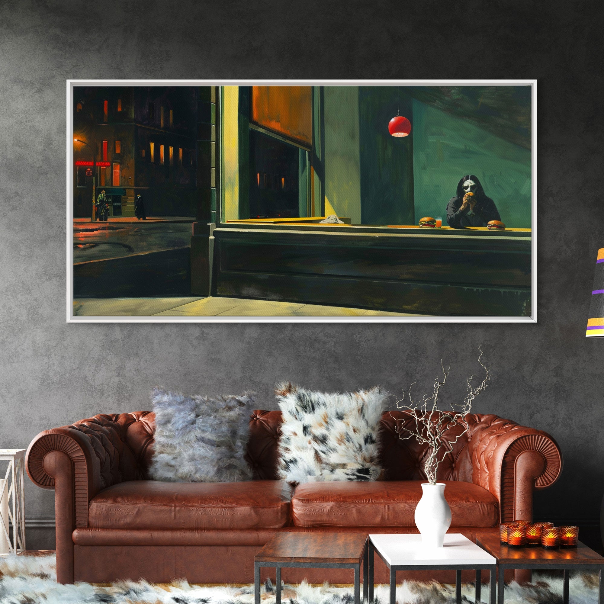 Demon Having a Cheeseburger in a Diner, Funny / Liminal Halloween Art, Framed Canvas Print