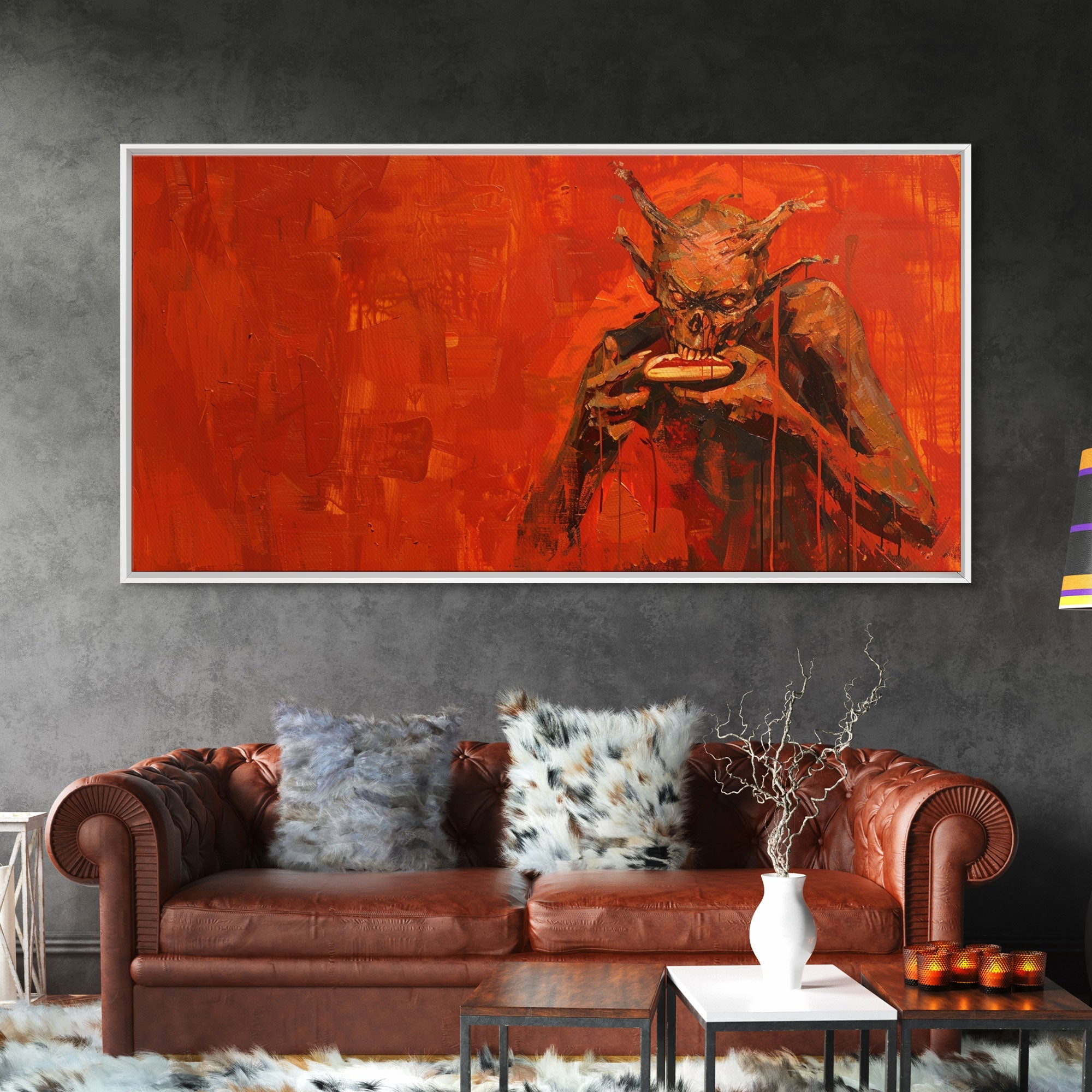 Scary Demon Having a Hot Dog, must be a baseball fan. Funny Halloween Wall Art Framed Canvas Print | | Wiccan Center