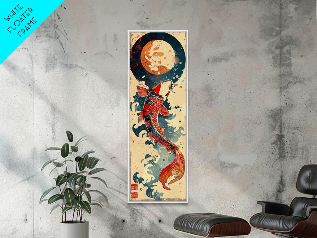 Vibrant Koi Fish Swimming Toward the Moon Skinny Art Ukiyo-e Tall Framed Canvas Print with Japanese Mythology Elements | | Wiccan Center