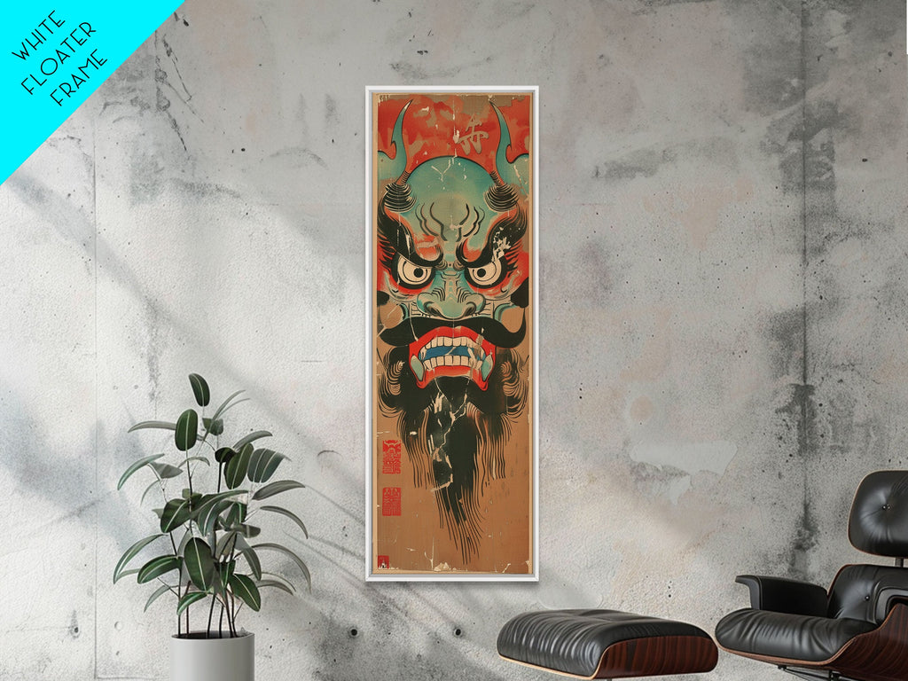 Traditional Japanese Demon Mask Art In Ukiyo-e Style Framed Canvas Print Tall Skinny Cultural Wood Block Wall Decor | | Wiccan Center