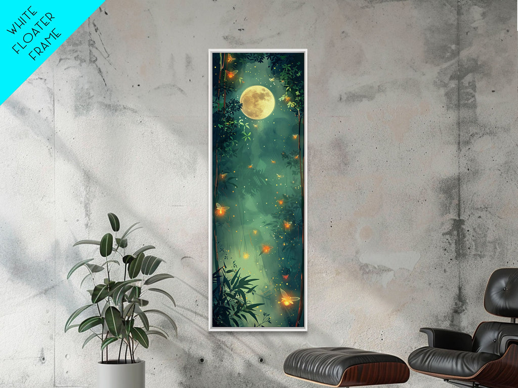 Enchanting Fireflies Illuminating Nighttime Forest Scene Under Full Moon Tall Framed Canvas Print Adding Magical Touch | | Wiccan Center