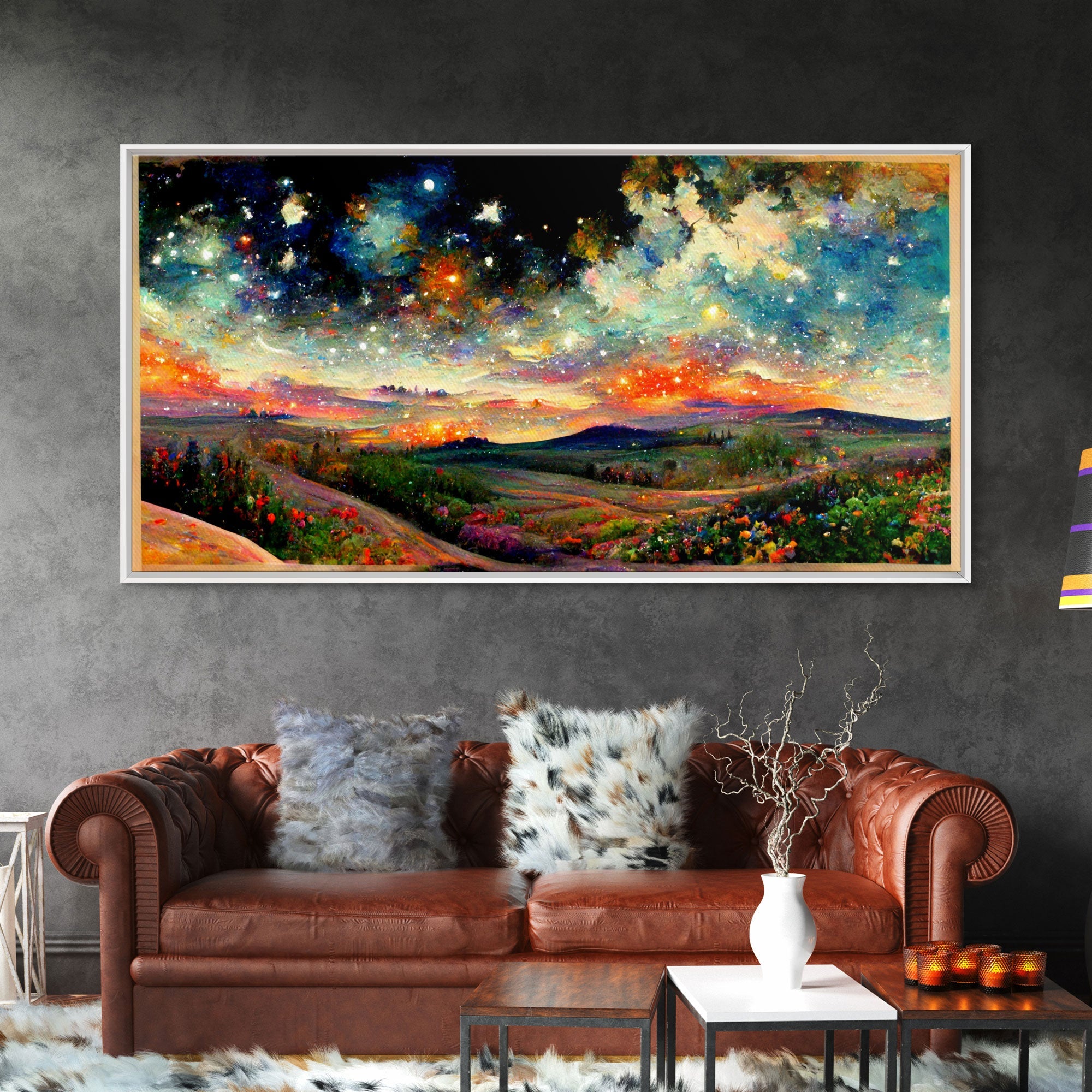 Night Starry Sky Landscape On Canvas Print Colorful Night Sky Painting Nature Painting Living Room Wall Art Spiritual Starry Painting | | Wiccan Center