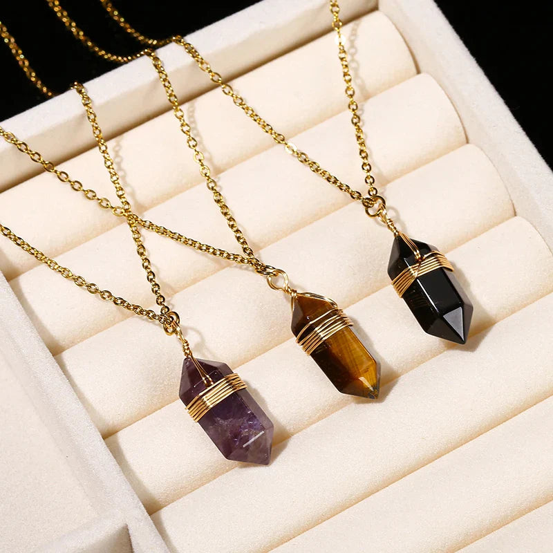 Crystal Hexagon Wire Wrap Gold Necklaces | necklace | Wiccan Center