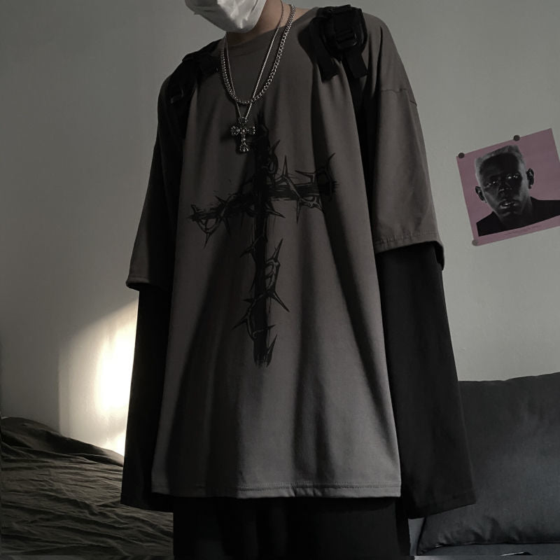 Gothic Style Tshirt Punk Long Sleeve Oversized T-shirt Fake Two-piece Street Fashion Style | T-shirt | Wiccan Center