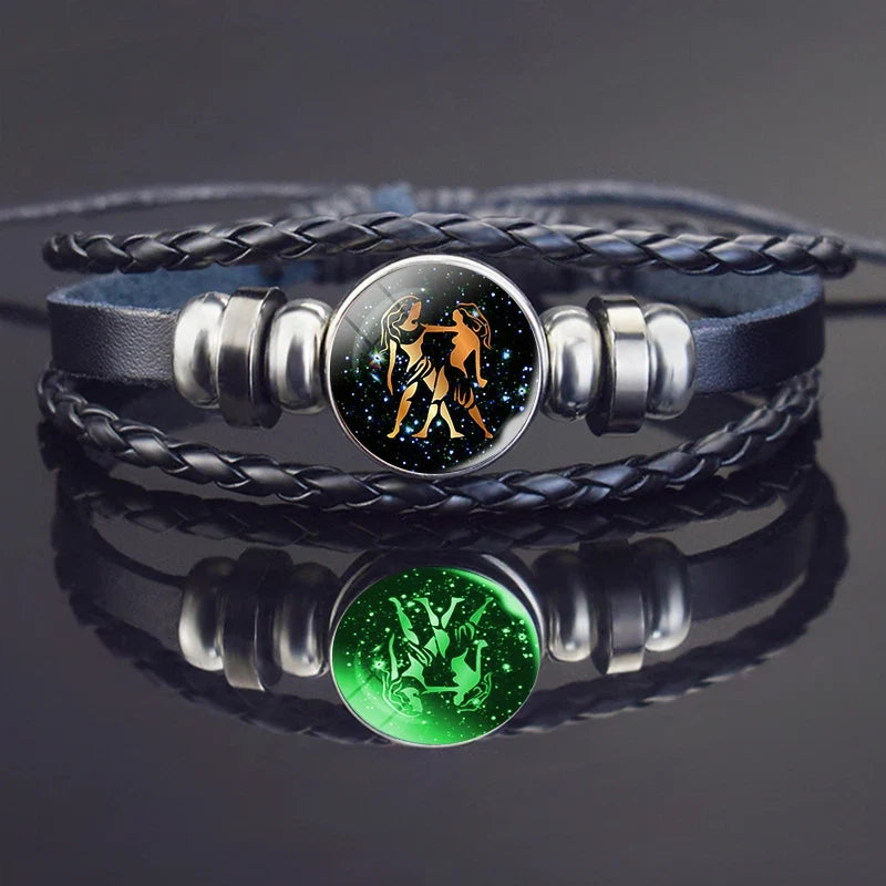 Glow In The Dark Constellation Gemini Bracelet  Braided Leather Bracelet Zodiac Gemini Jewelry Birthday Present