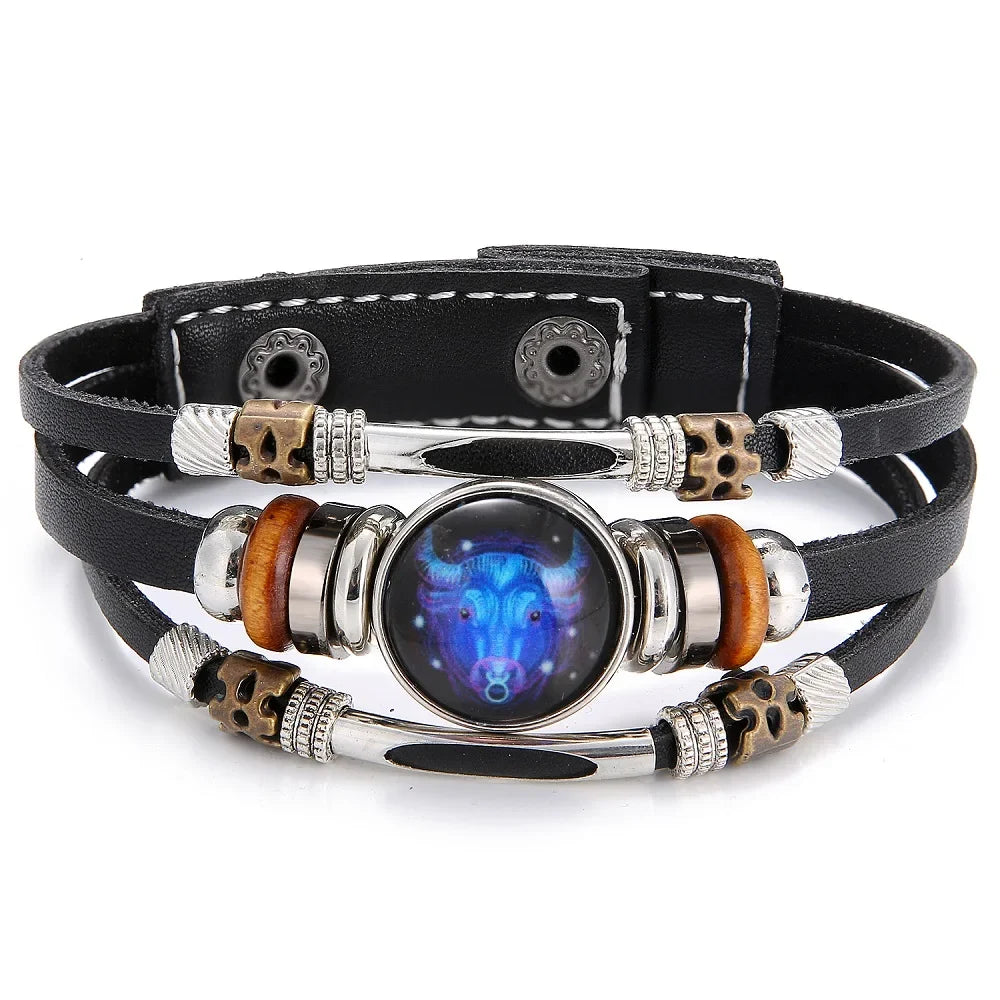 Charm Jewelry 12 Zodiac Weave Bracelets for Women Vintage Multi-layer Stainless Steel 12 Constellations Leather Bracelet