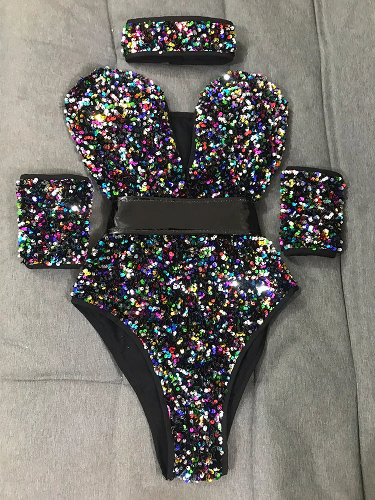 The Stardust Prism Sequin Bodysuit – Colorful High-Cut Rave & Gogo Dancewear