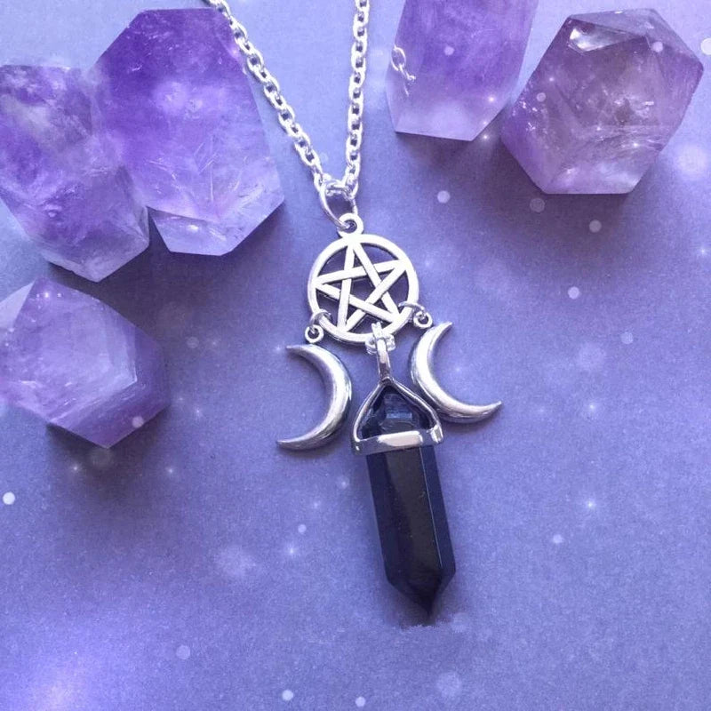 Pentacle Triple Moon Crystal Necklaces | necklace | Wiccan Center