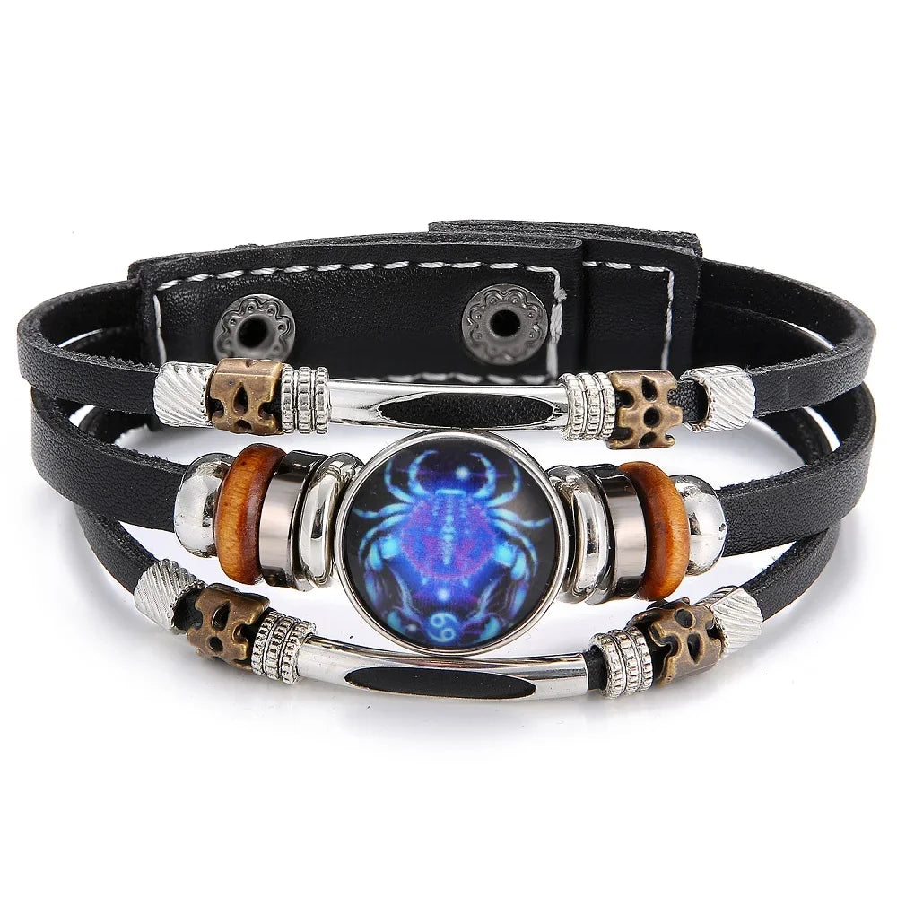 Charm Jewelry 12 Zodiac Weave Bracelets for Women Vintage Multi-layer Stainless Steel 12 Constellations Leather Bracelet