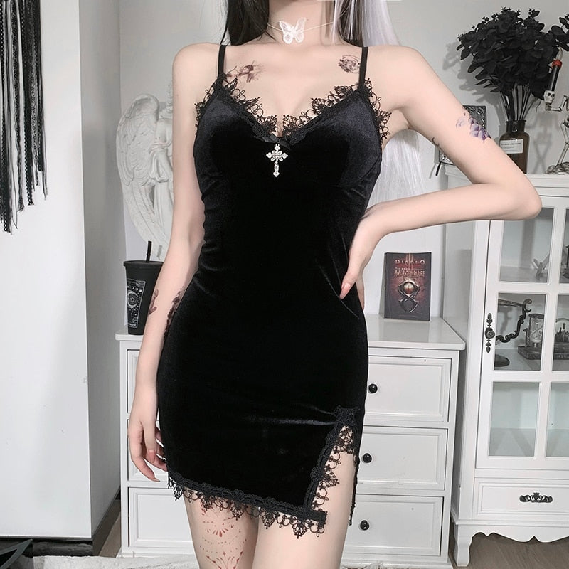 Gothic Dark Cross Black Mini Dress Vintage Sexy Spaghetti Strap High Waist Slit Dresses | Dresses | Wiccan Center