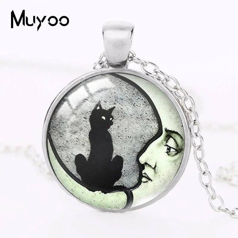 2021 New Cat with Moon Pendant Necklace Witchcraft Painting Round Print Photo Necklaces Glass Dome Jewelry Gifts
